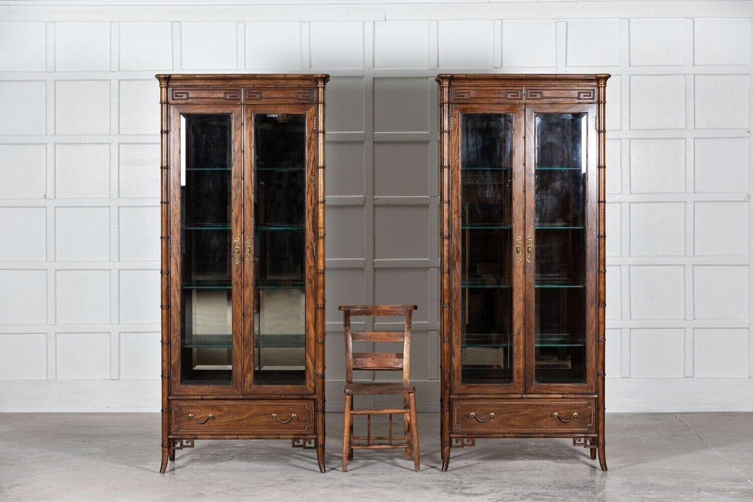 Walnut Faux Bamboo Glazed Display Cabinet For Sale 2