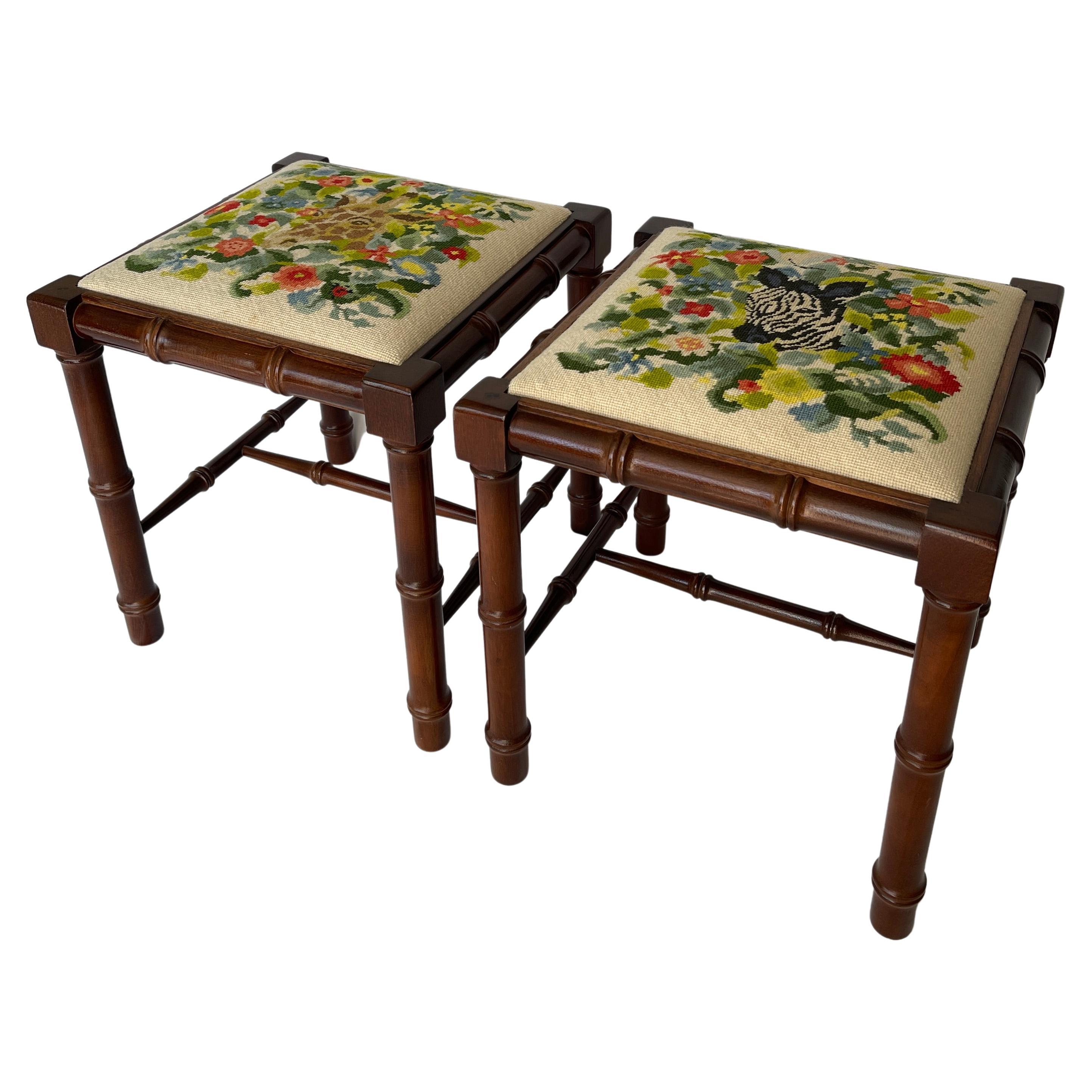 American Walnut Faux Bamboo Stools with Needlepoint Giraffe & Zebra Upholstered Seats For Sale