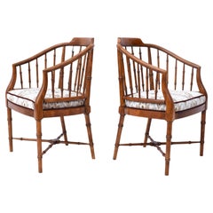 Walnut Faux Bamboo Tub Chairs, Pair