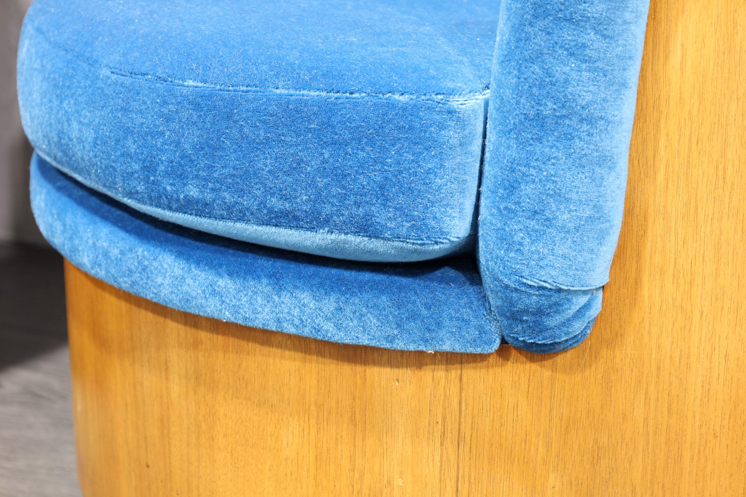Walnut Finish Barrel Swivel Lounge Chairs in Blue Mohair 3