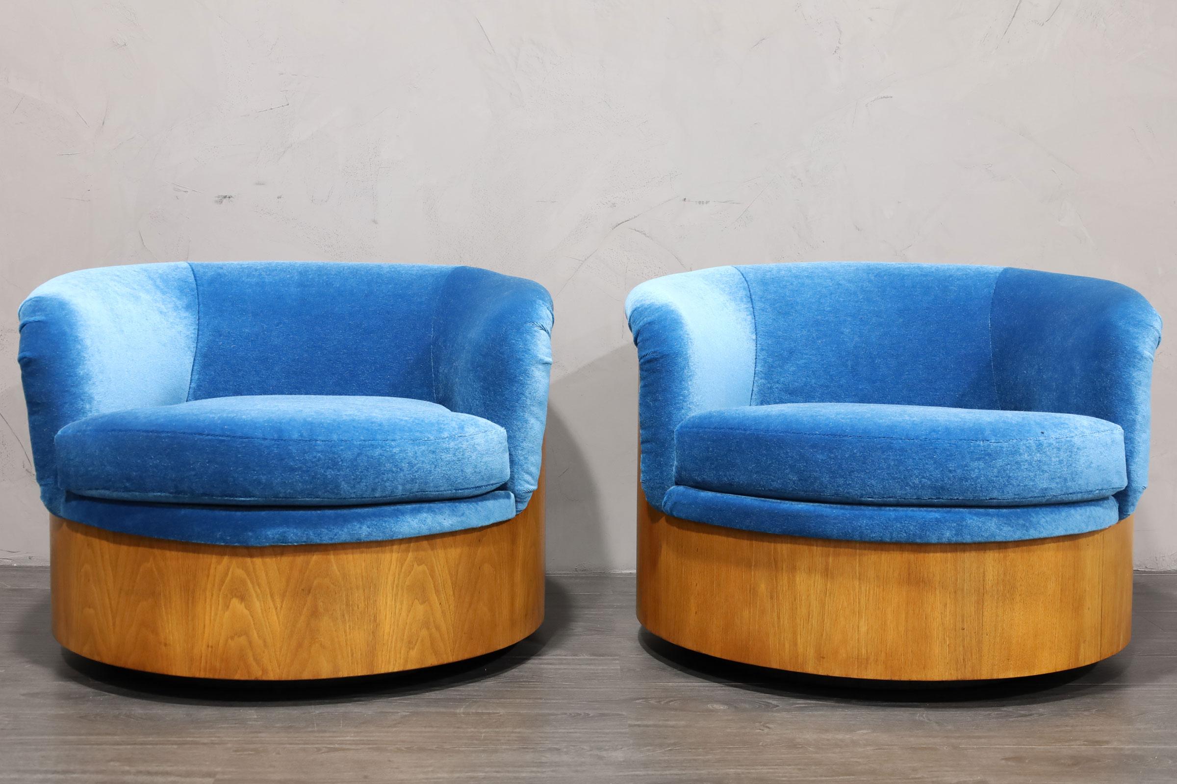 Mid-Century Modern Walnut Finish Barrel Swivel Lounge Chairs in Blue Mohair