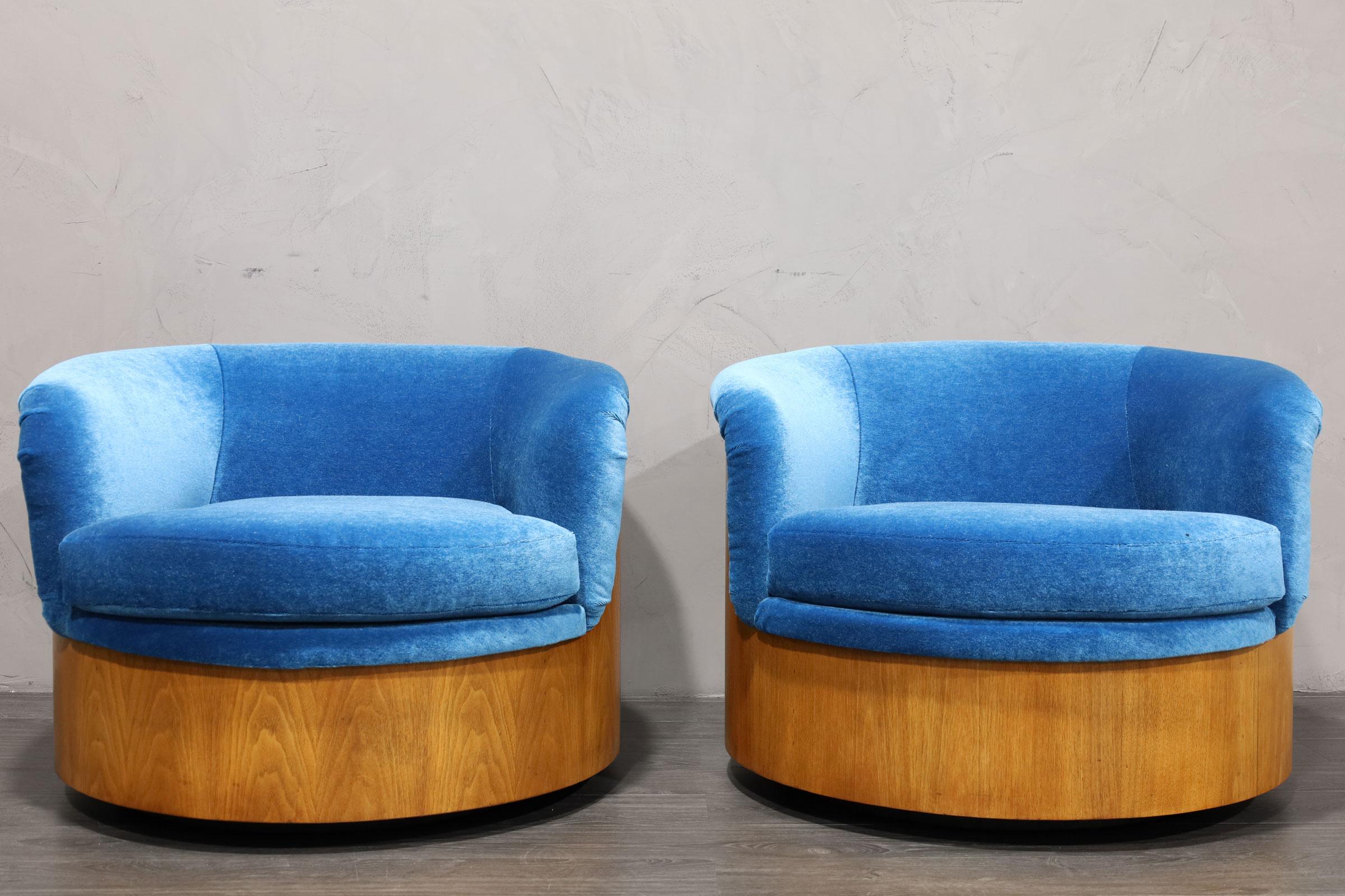 American Walnut Finish Barrel Swivel Lounge Chairs in Blue Mohair