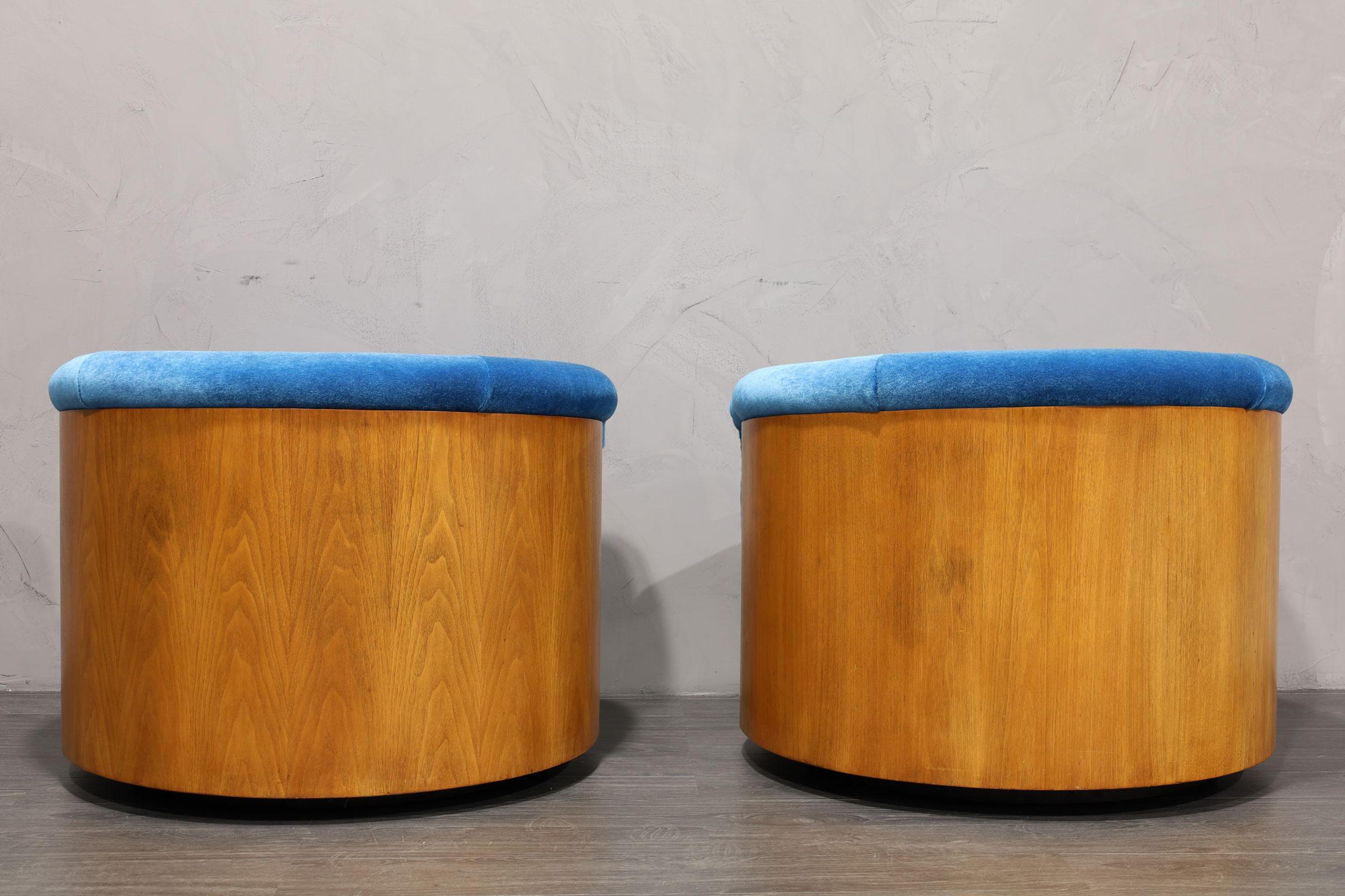 20th Century Walnut Finish Barrel Swivel Lounge Chairs in Blue Mohair