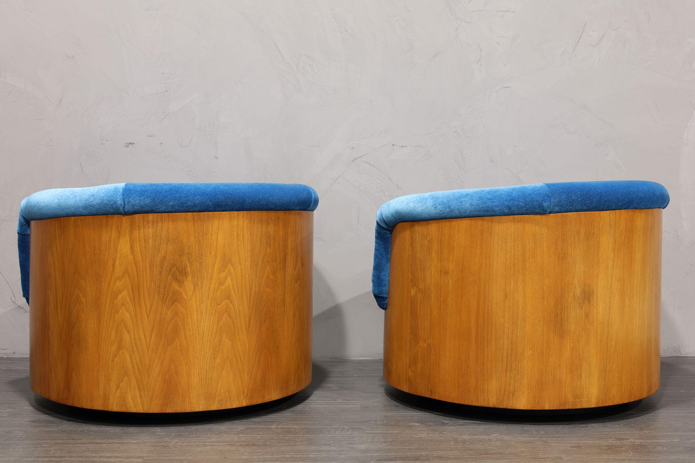 Walnut Finish Barrel Swivel Lounge Chairs in Blue Mohair 1