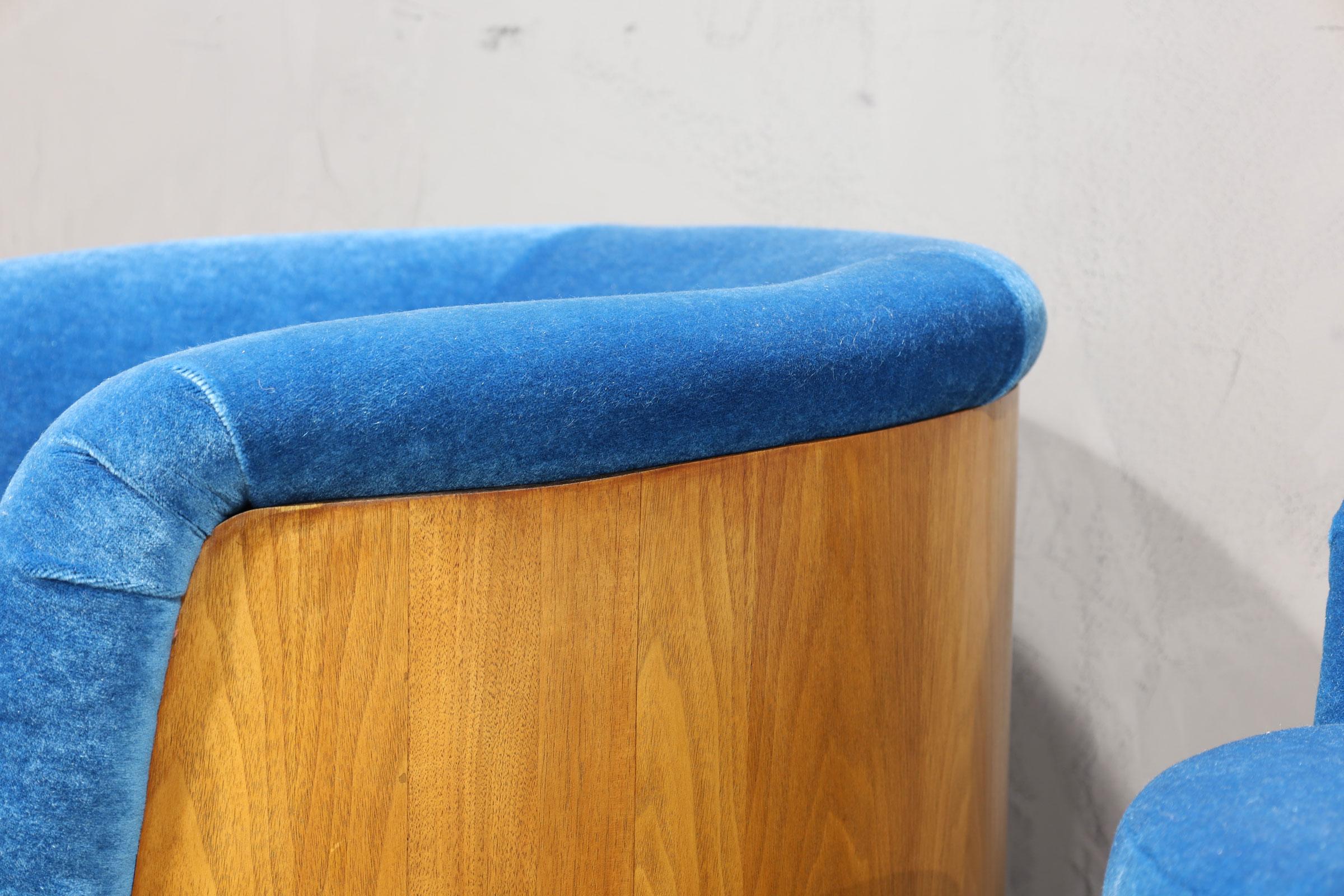 Walnut Finish Barrel Swivel Lounge Chairs in Blue Mohair 2