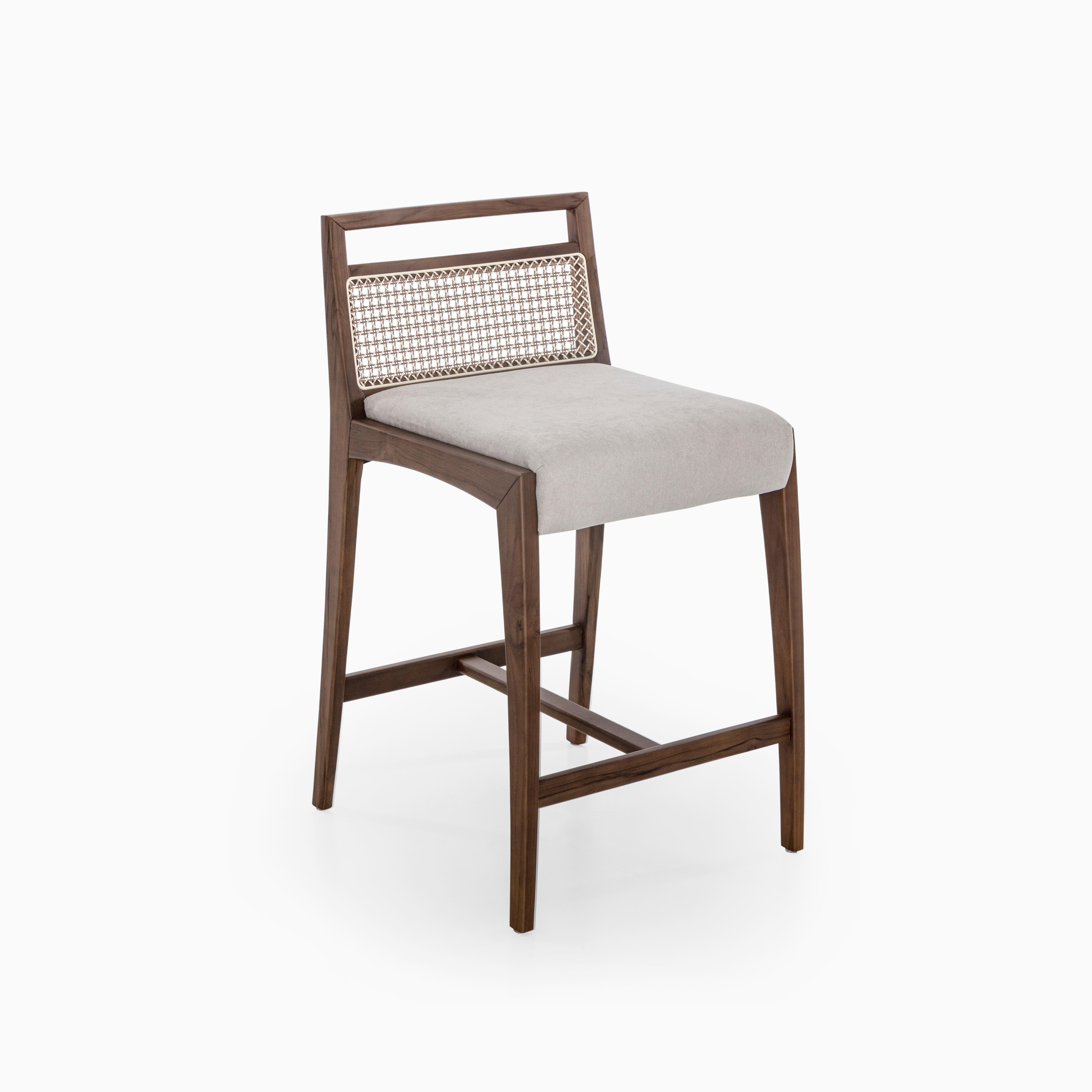 Modern Walnut Finish Counter Stool with Cane Back and Upholstered Seat, Sotto Series For Sale