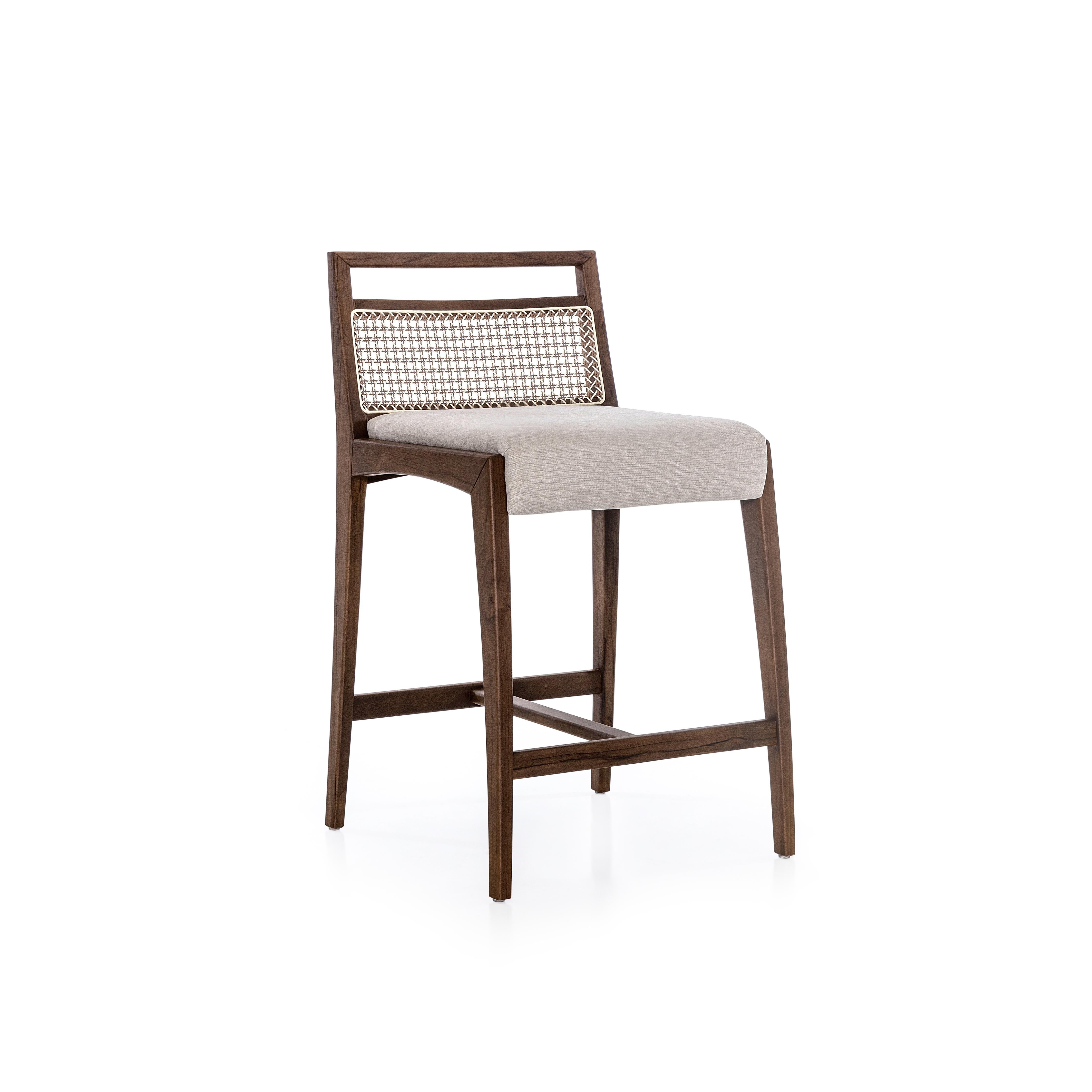 Walnut Finish Counter Stool with Cane Back and Upholstered Seat, Sotto Series For Sale 1