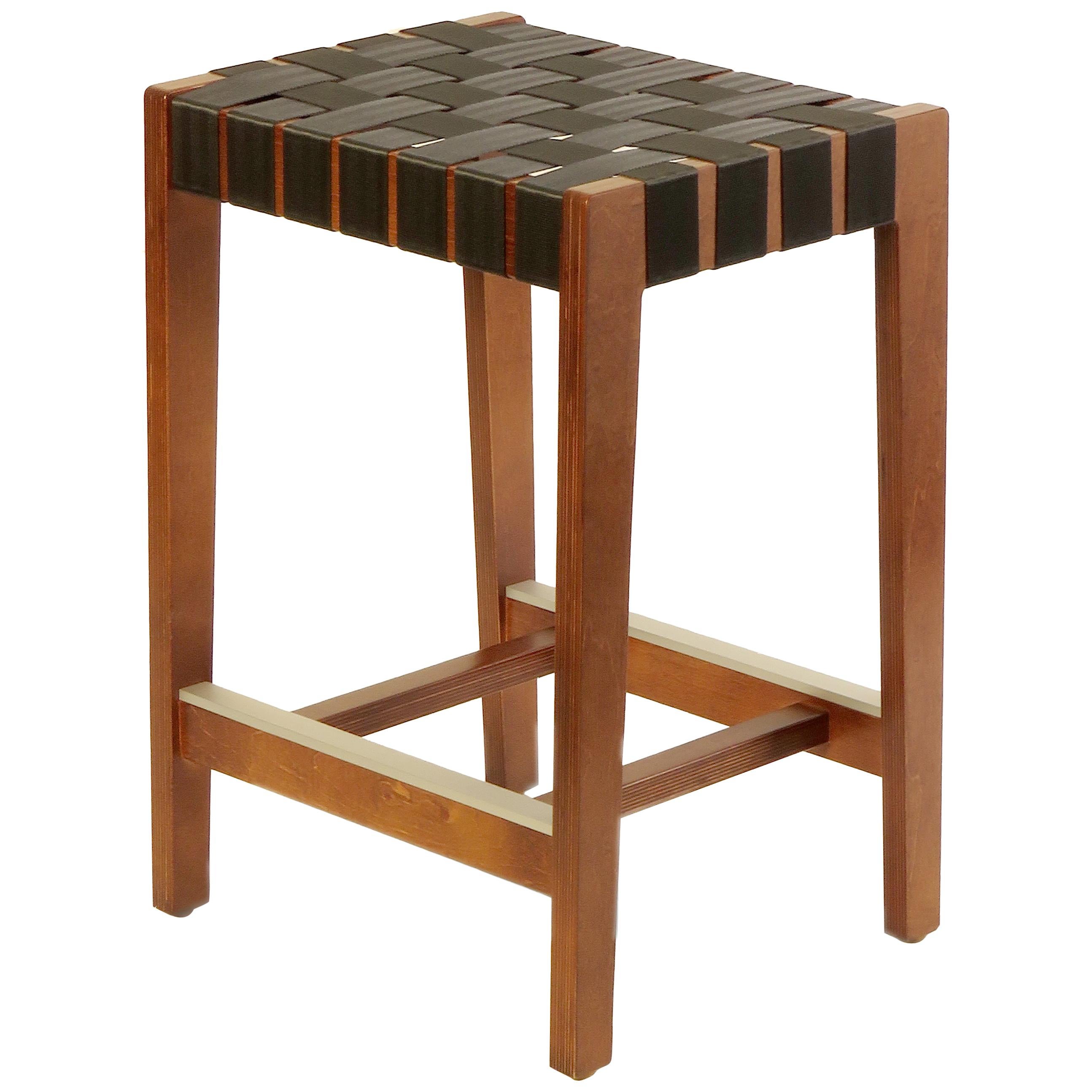 Walnut Finish Maple Bar Stool with Charcoal Woven Seat by Peter Danko For Sale