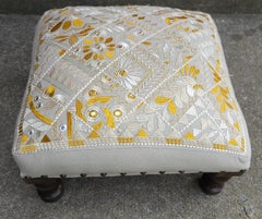 Walnut Finished and Upholstered Foot Stool