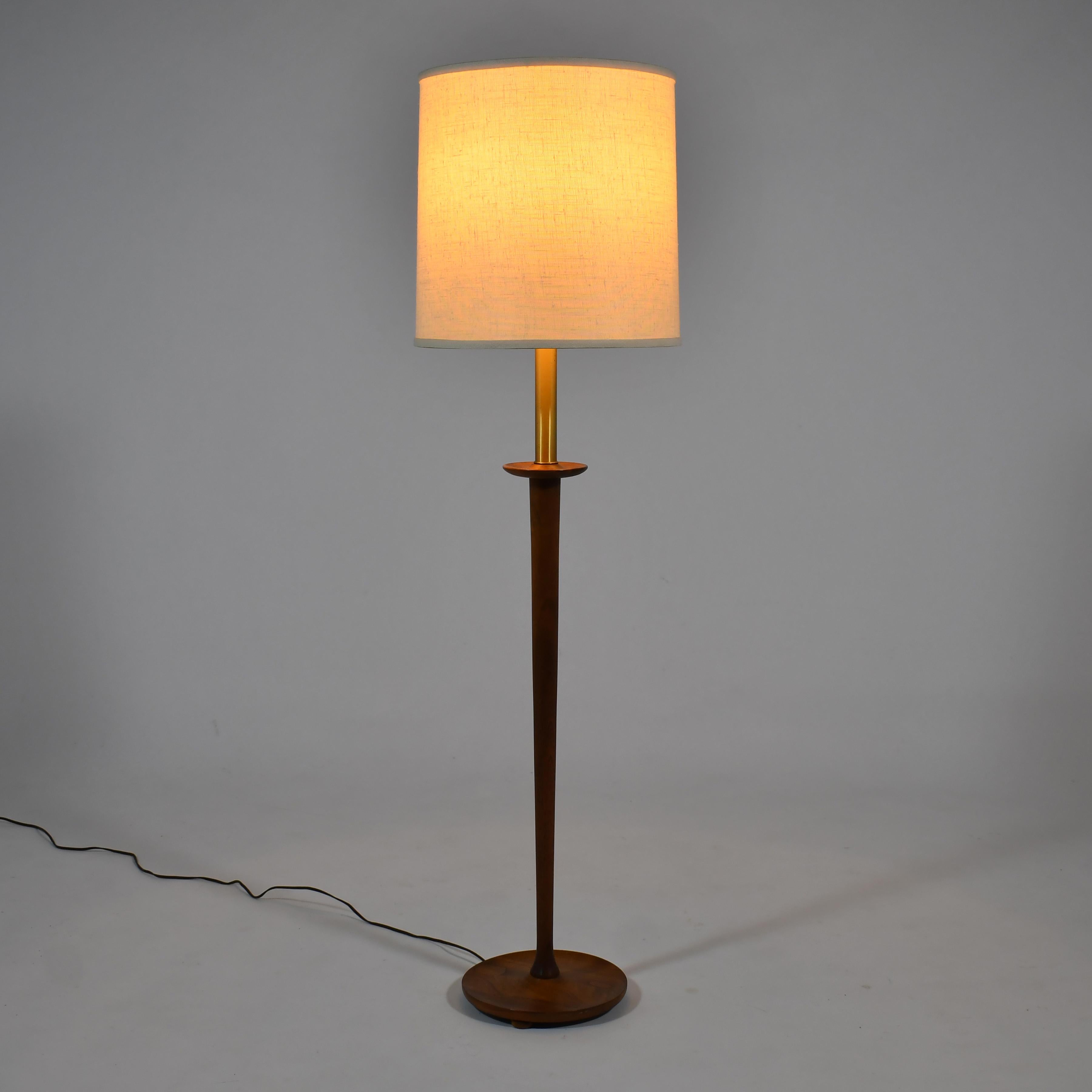 Brass Walnut Floor Lamp with Sculpted Details For Sale