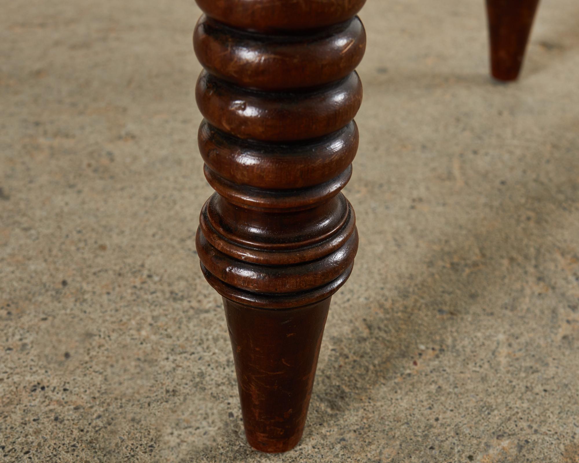 Fabric Walnut Footstool or Ottoman with Bobbin Turned Spool Legs