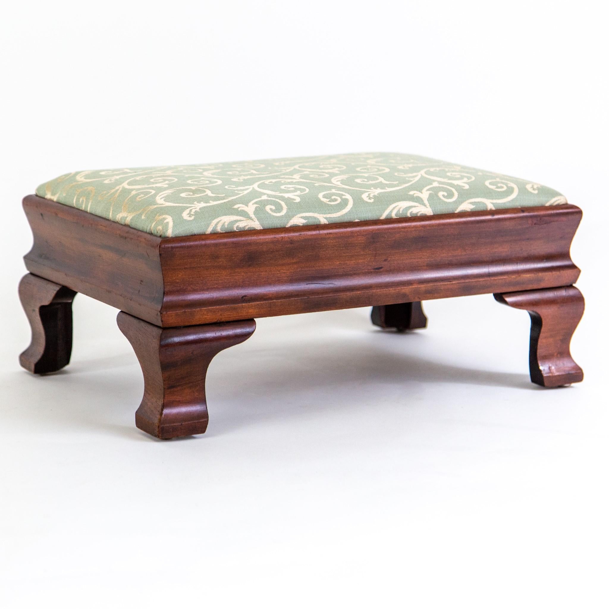 American Colonial Walnut Footstool with Bracket Feet and Green Upholstery