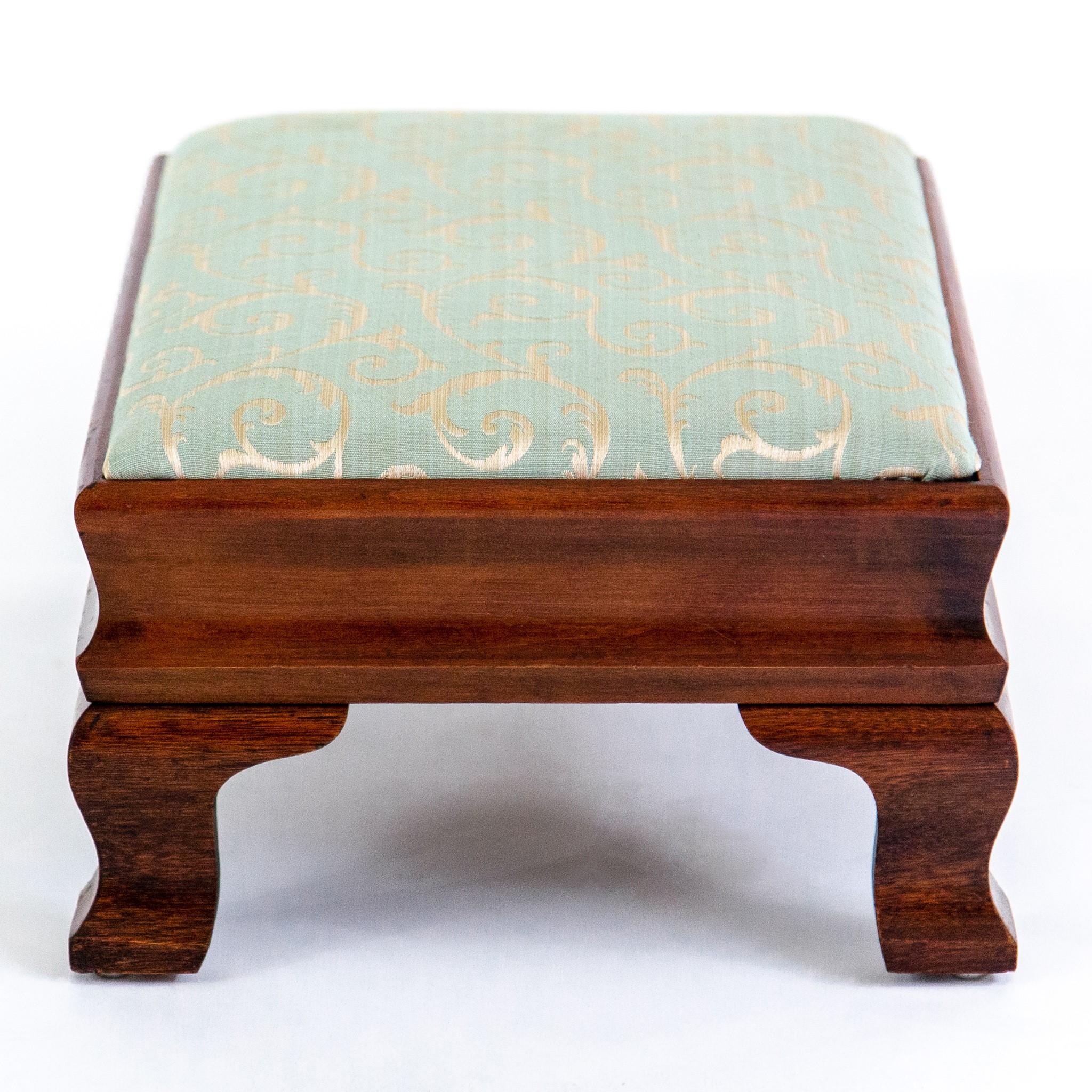 Walnut Footstool with Bracket Feet and Green Upholstery 1