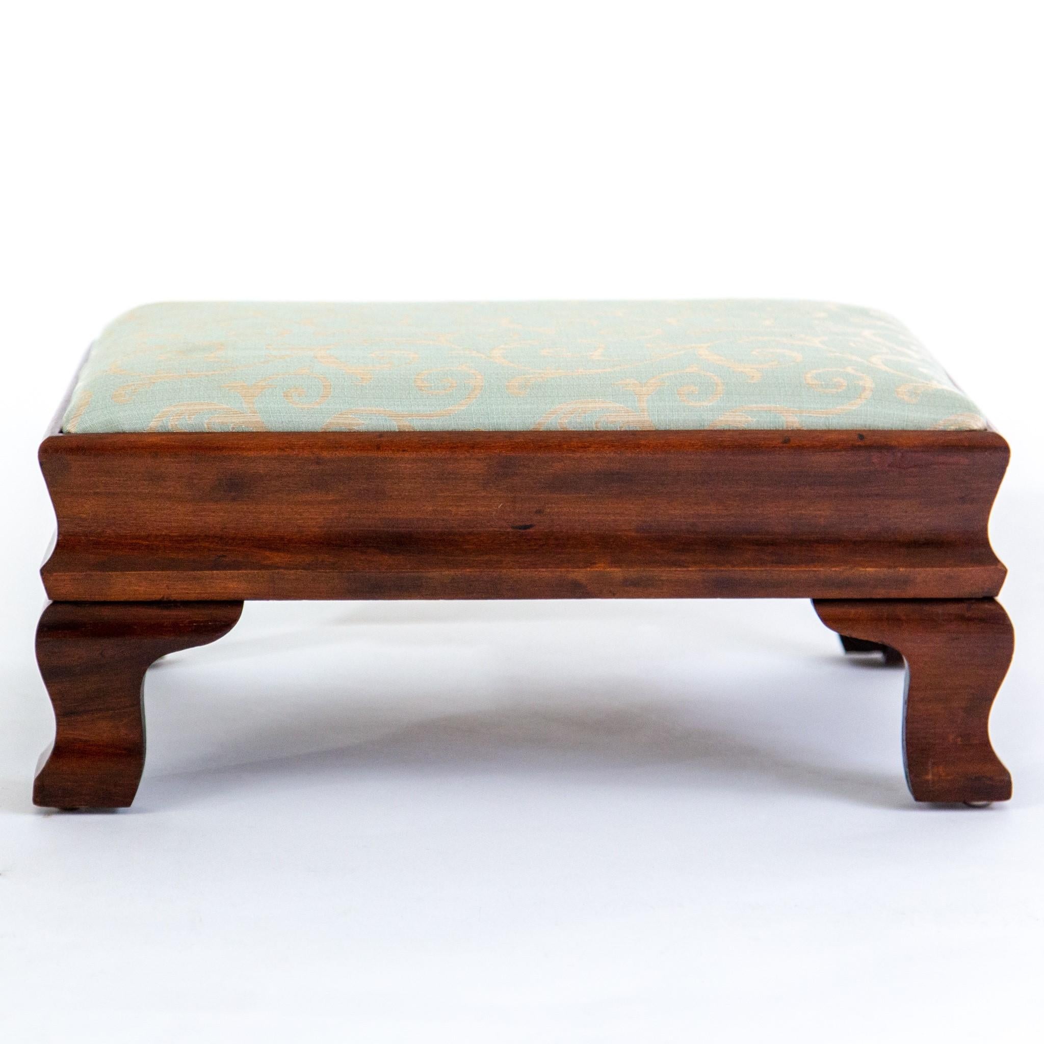 Walnut Footstool with Bracket Feet and Green Upholstery 2