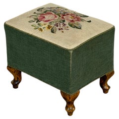 Walnut Footstool with Needlepoint Top, Queen Anne Style, Early 20th Century
