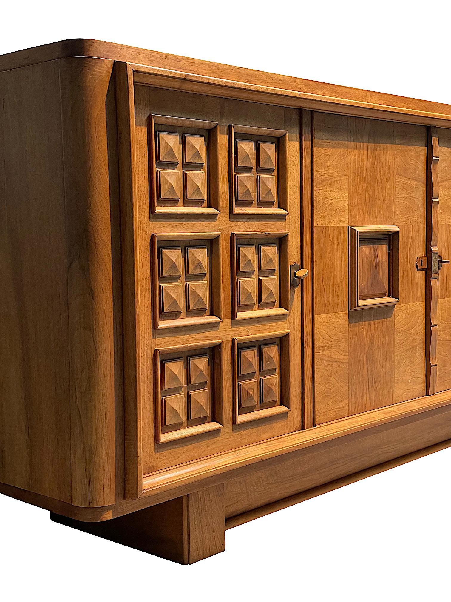 Walnut Four Door Credenza With Decorative Raised Panels, France, 1940s In Good Condition For Sale In New York, NY