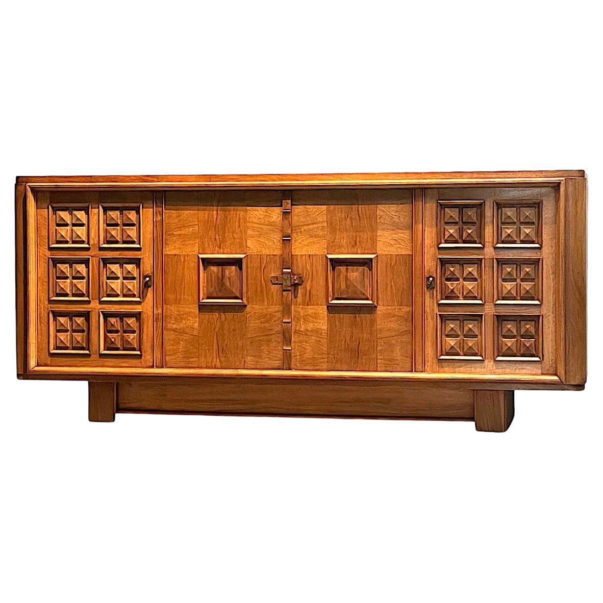 Walnut Four Door Credenza With Decorative Raised Panels, France, 1940s