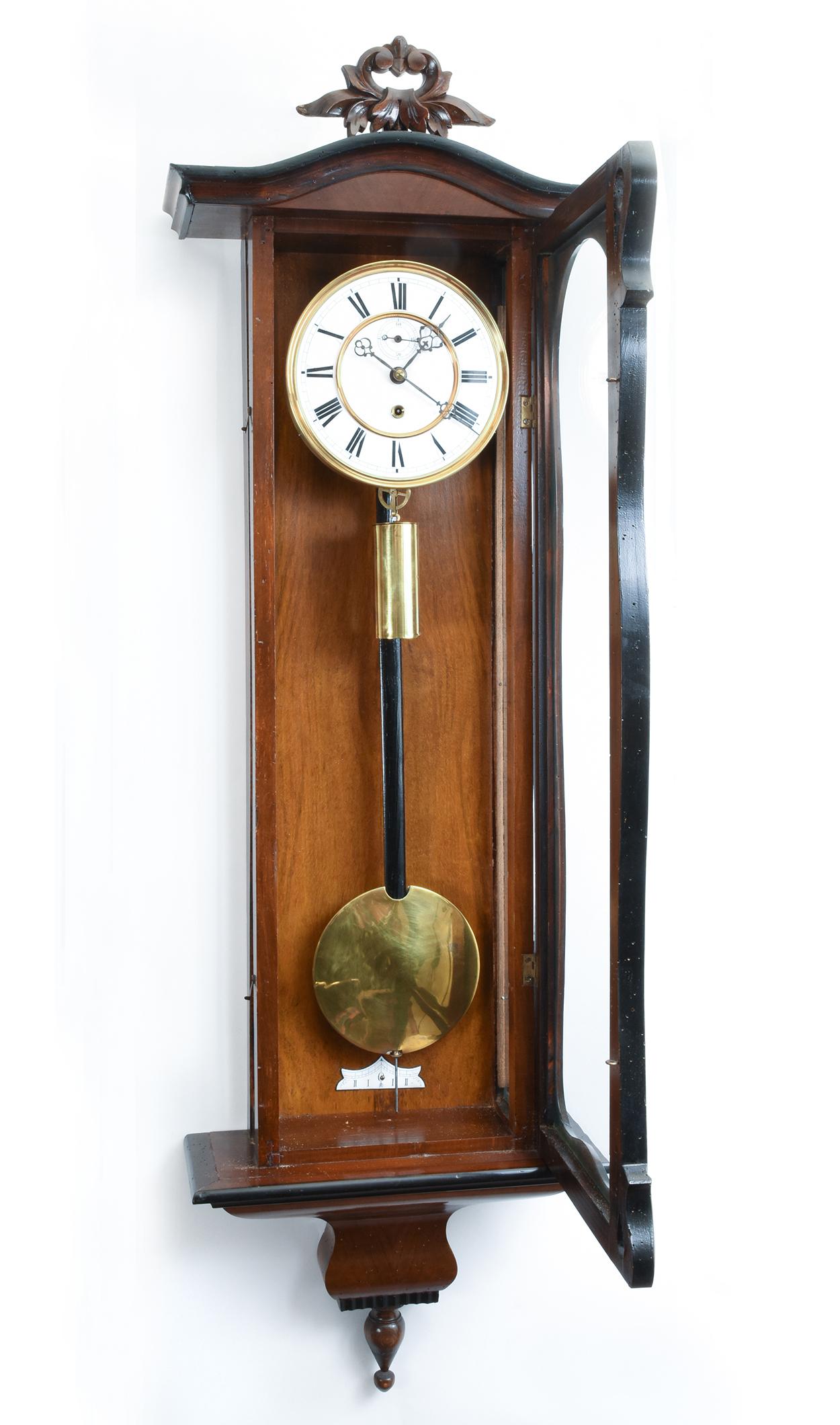 Mahogany wood frame case glass one weight Vienna Biedermeier style walnut case regulator wall clock. Becker stamped movement with porcelain face .The wall clock is in excellent antique condition. Minor wear consistent with use / age.