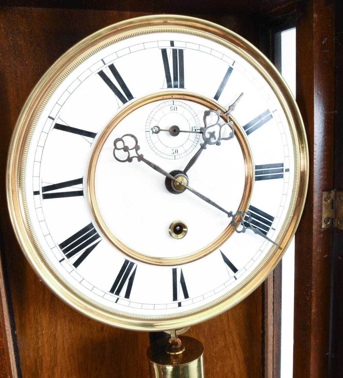 Walnut Frame Case Glass One Weight Regulator Wall Clock In Excellent Condition In Tarry Town, NY