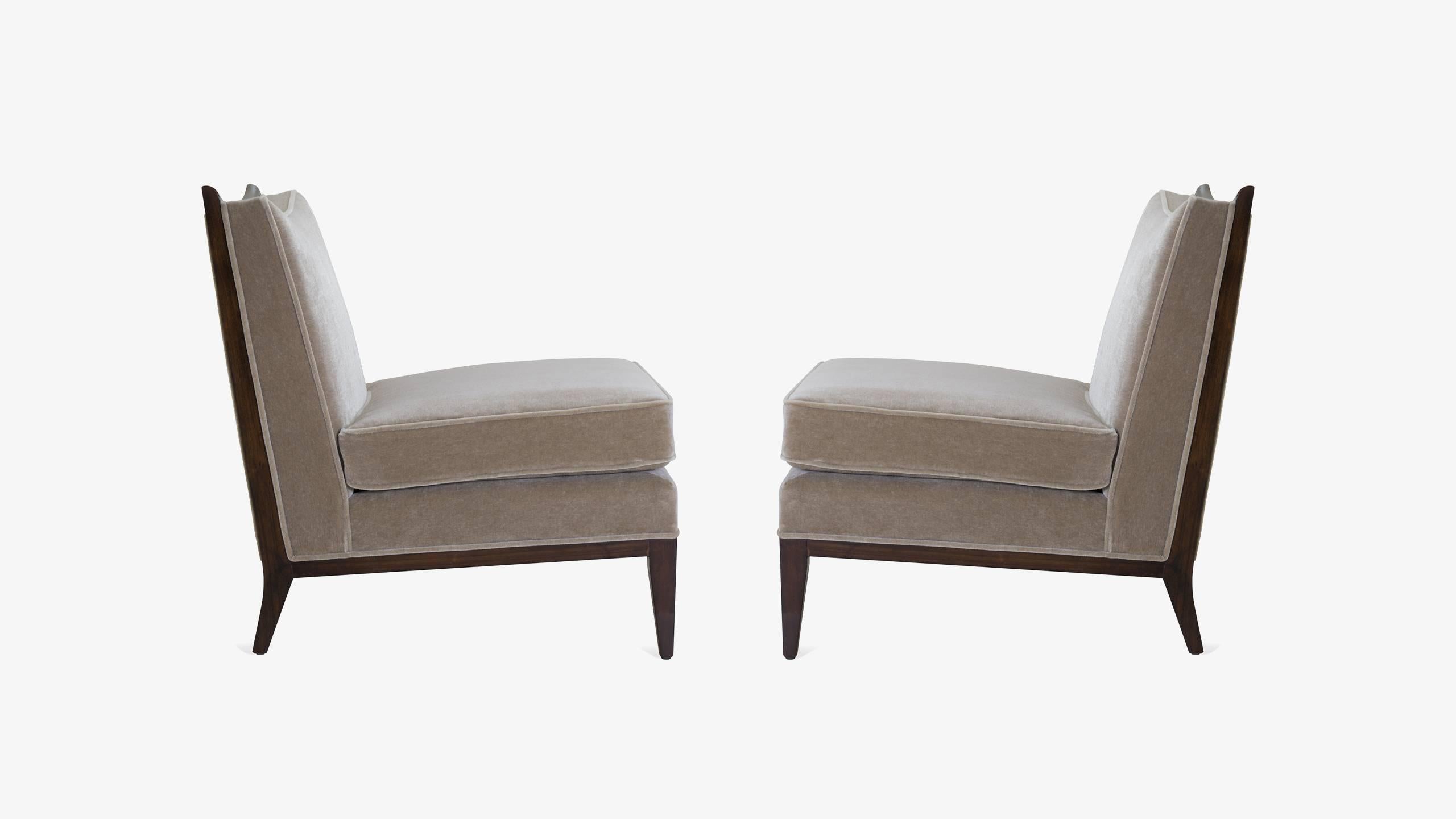 Mid-Century Modern Walnut Frame Slipper Chairs in Clay Mohair, Pair