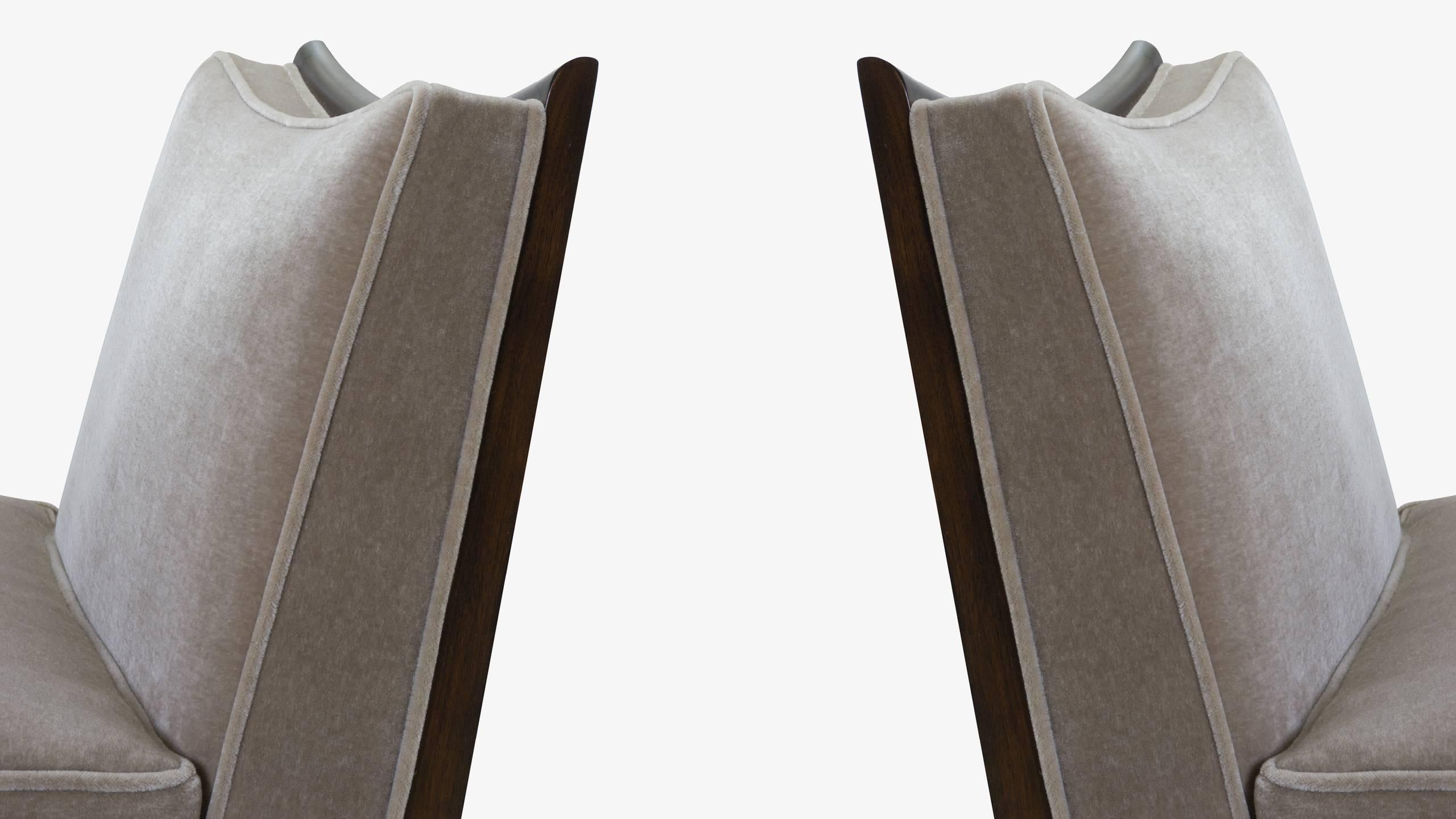 Walnut Frame Slipper Chairs in Clay Mohair, Pair 1