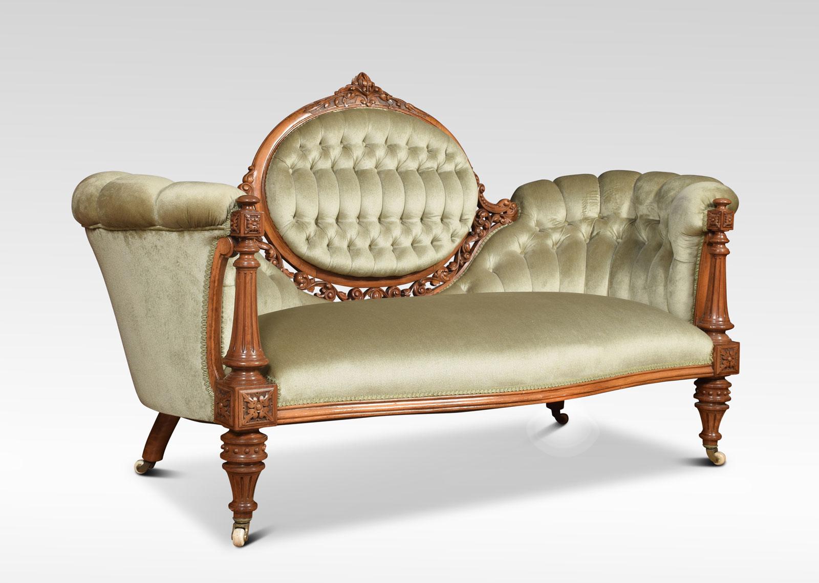 Carved walnut cameo back settee the show framed back, with deep buttoned velvet upholstery. To the shaped arms above turned fluted front supports terminating in brass ceramic castors.
Dimensions
Height 40.5 inches height to seat 18.5 inches
Length