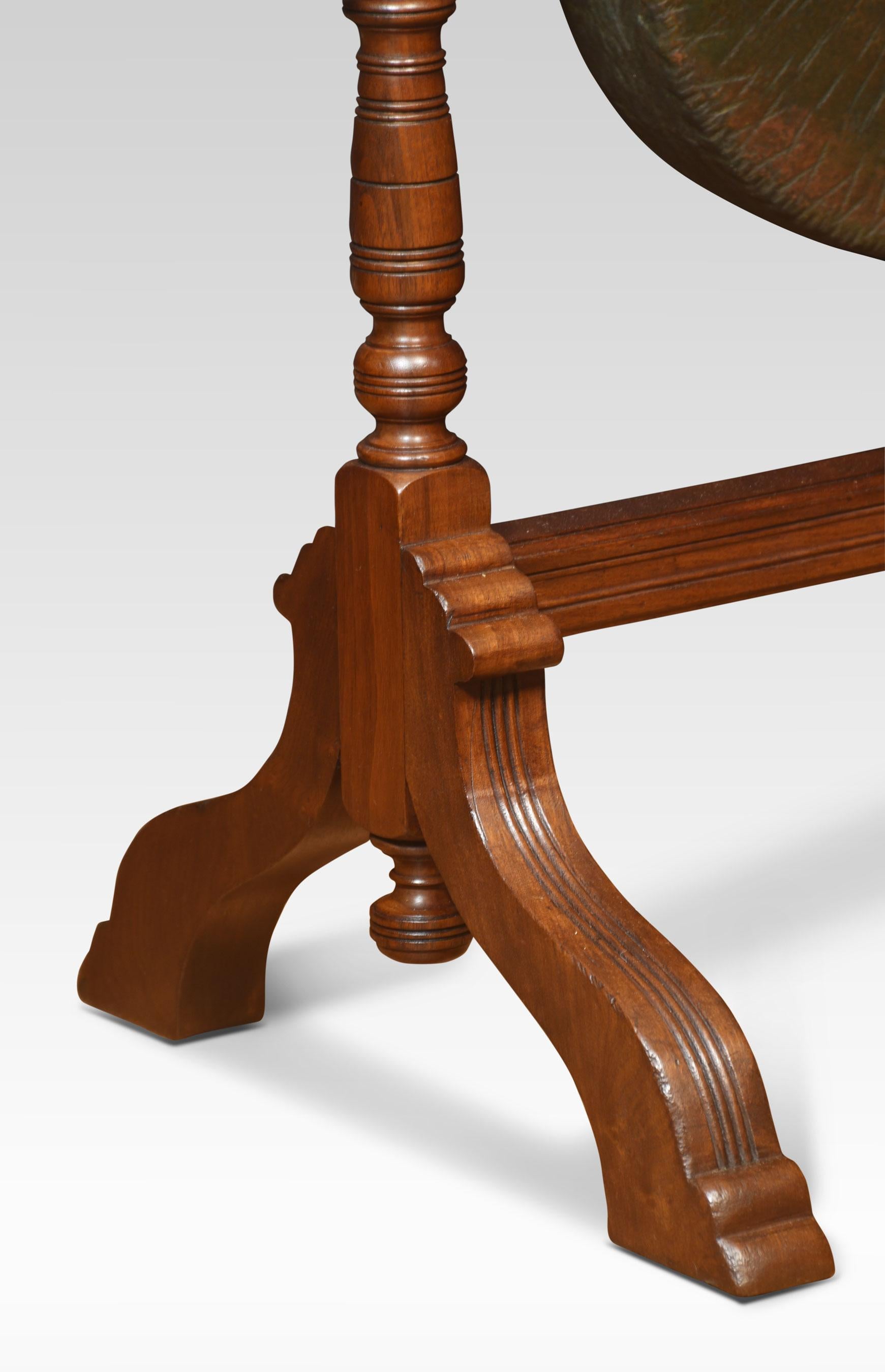 Large Carved walnut dinner gong, the frame with flower head carved decoration. Flanked by carved uprights. All raised up on trestle base, with a striker.
Dimensions
Height 39.5 Inches
Width 26 Inches
Depth 19 Inches