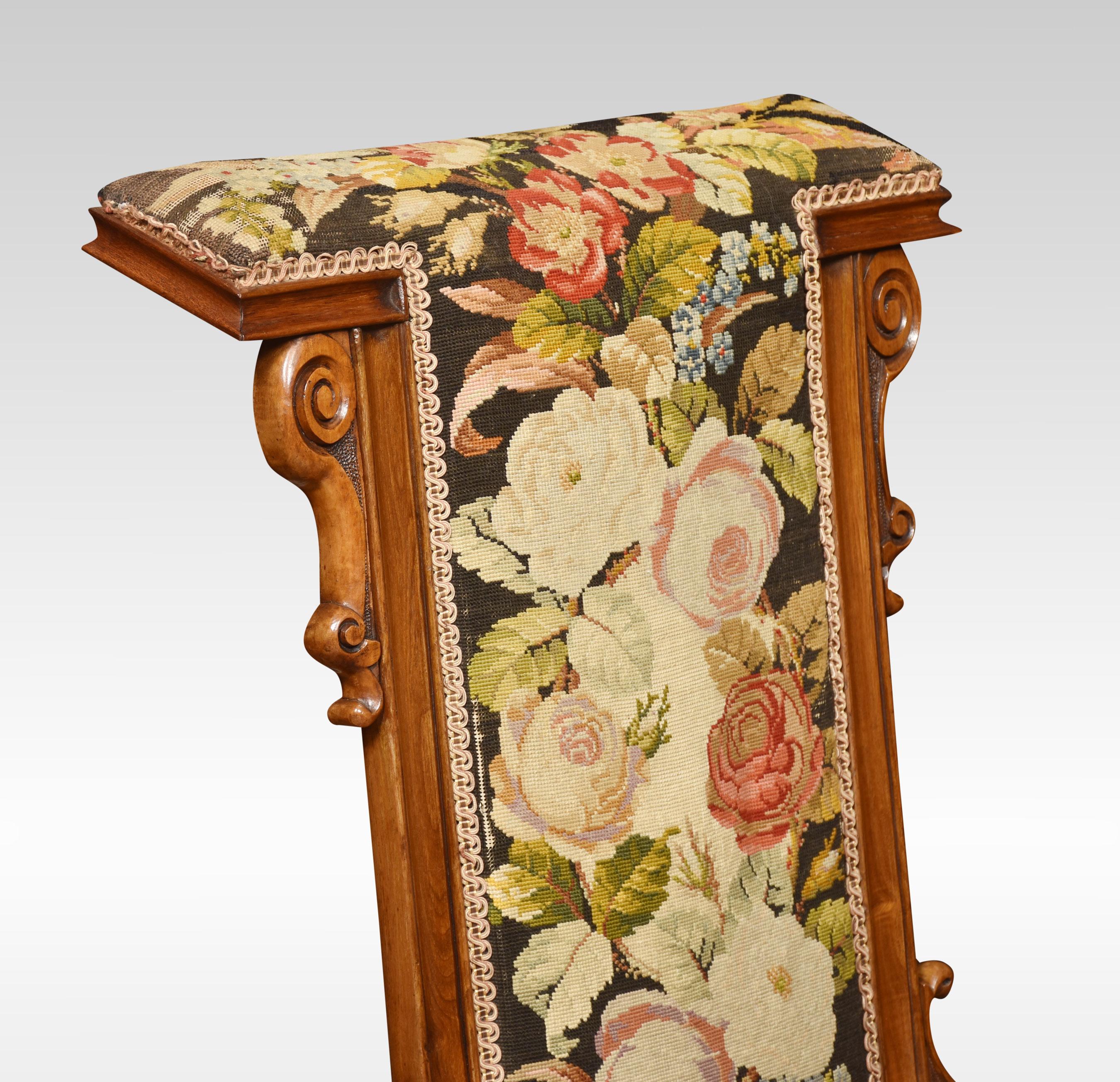 Walnut nursing chair the foliate carved frame with needlepoint upholstered back and seat. All raised up on foliate carved squat cabriole legs and ceramic castors.
Dimensions
Height 37.5 inches height to seat 14.5 inches
Width 20.5 inches
Depth