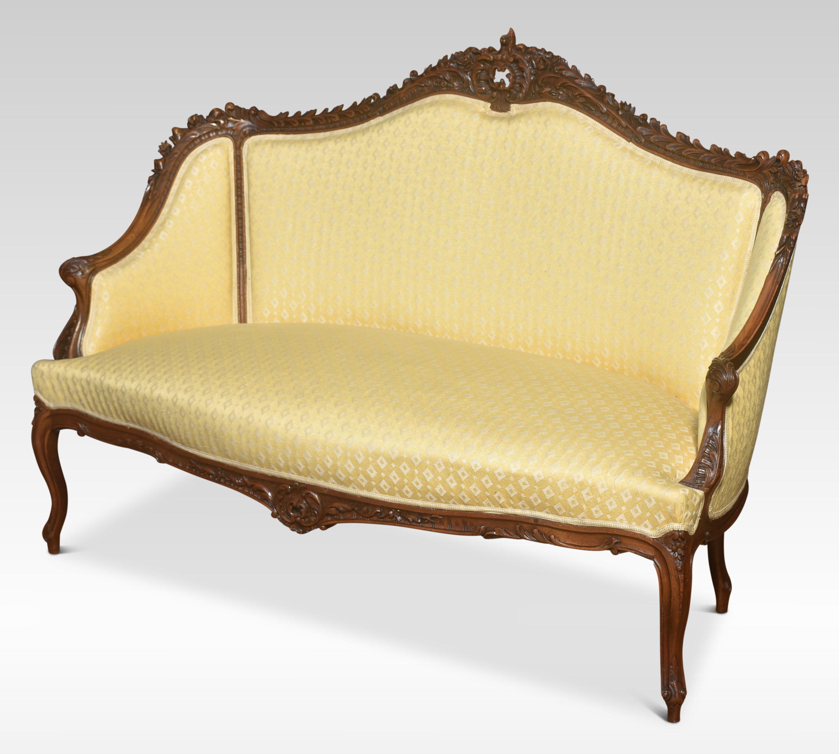 Walnut framed two-seater settee, the finely carved shaped frame above upholstered back and seat enclosed by out swept scrolling arms. All raised up on slender cabriole supports terminating in scrolling toes.
Dimensions
Height 40 Inches height to