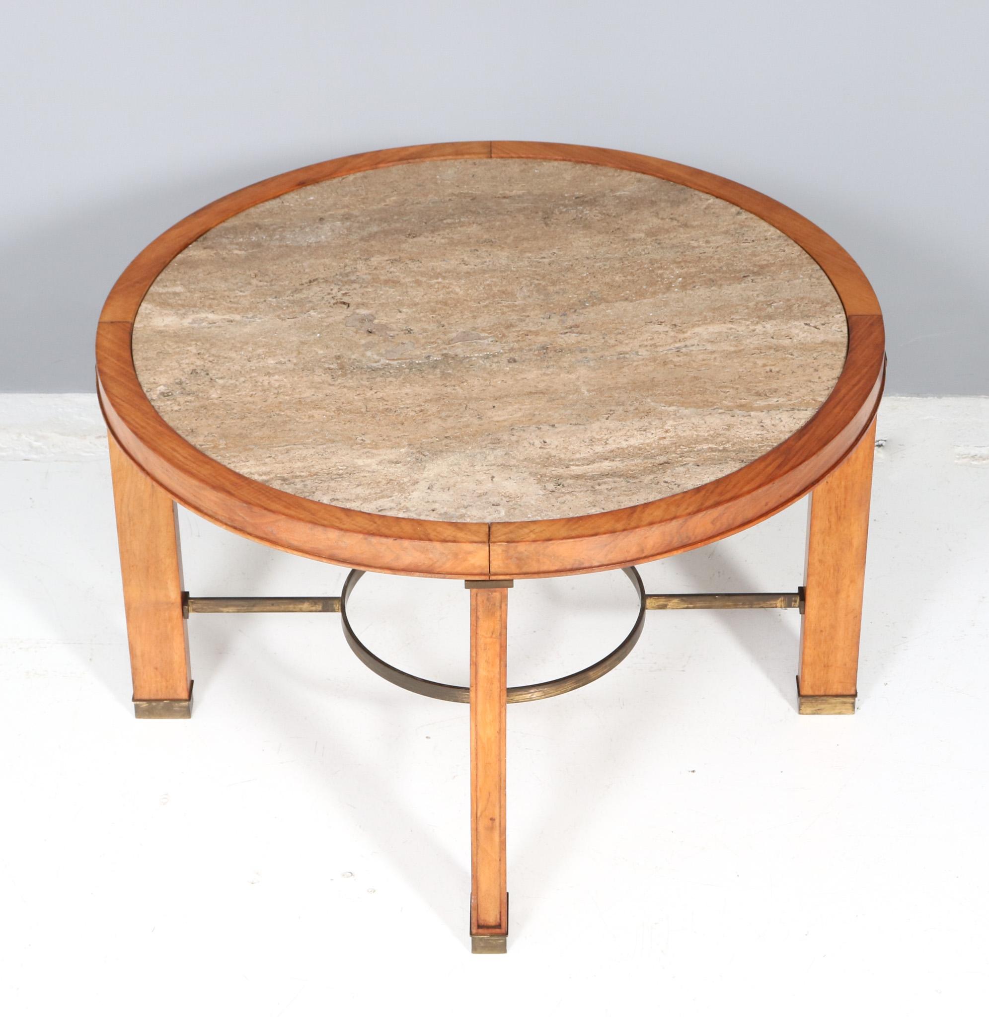 Brass Walnut French Art Deco Coffee Table with Travertine top, 1940s For Sale