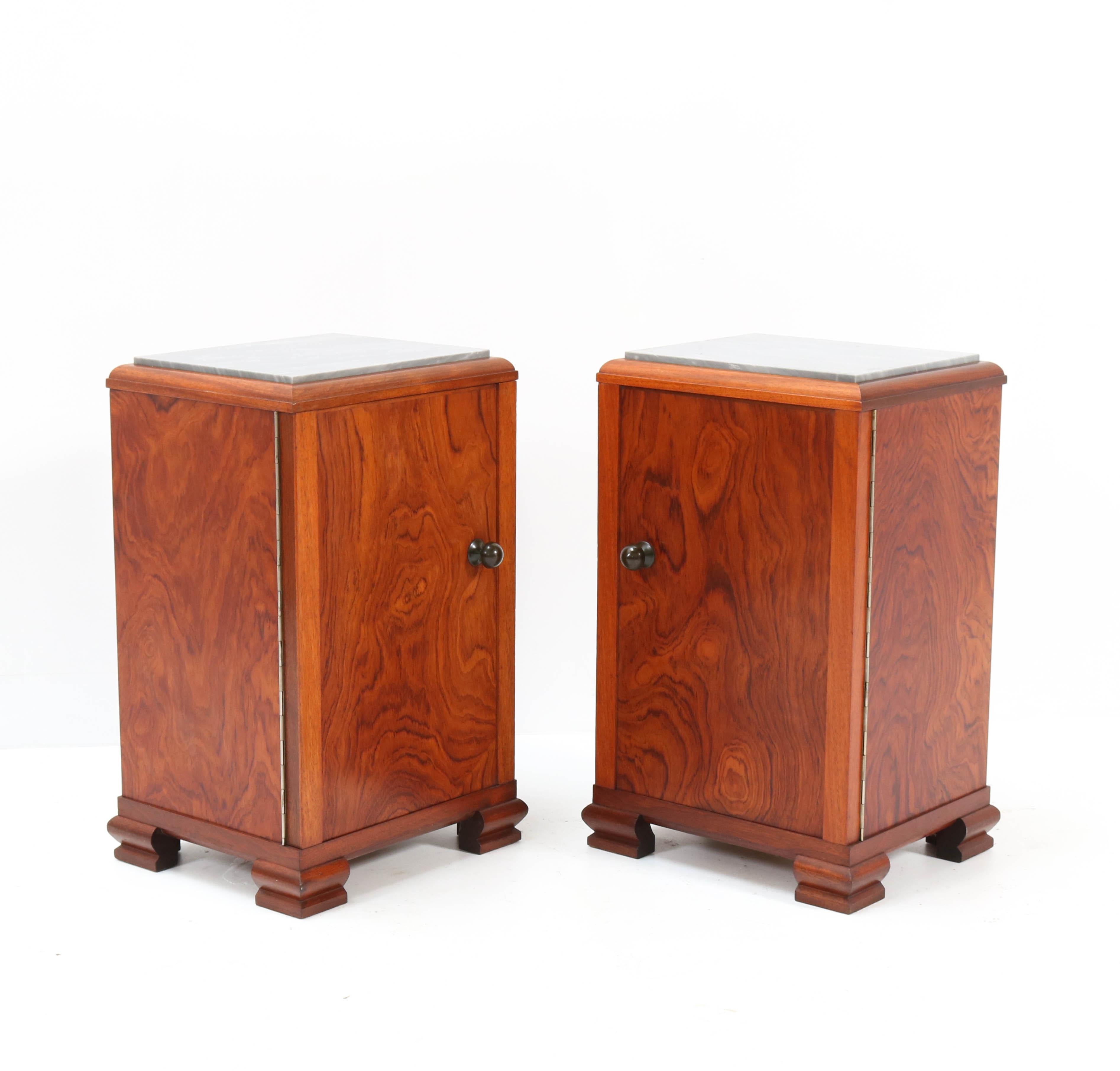 Brass Walnut French Art Deco Nightstands or Bedside Tables, 1930s