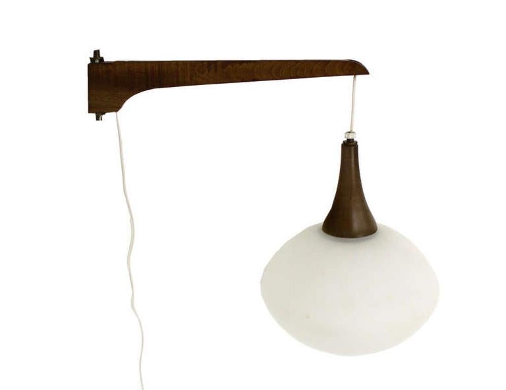 Walnut Frosted Glass Danish Mid-Century Modern Wall Hanging Light Fixture Scones For Sale 3
