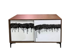 Walnut Geometric Art Cabinet — Sliding Door Credenza, Available Now