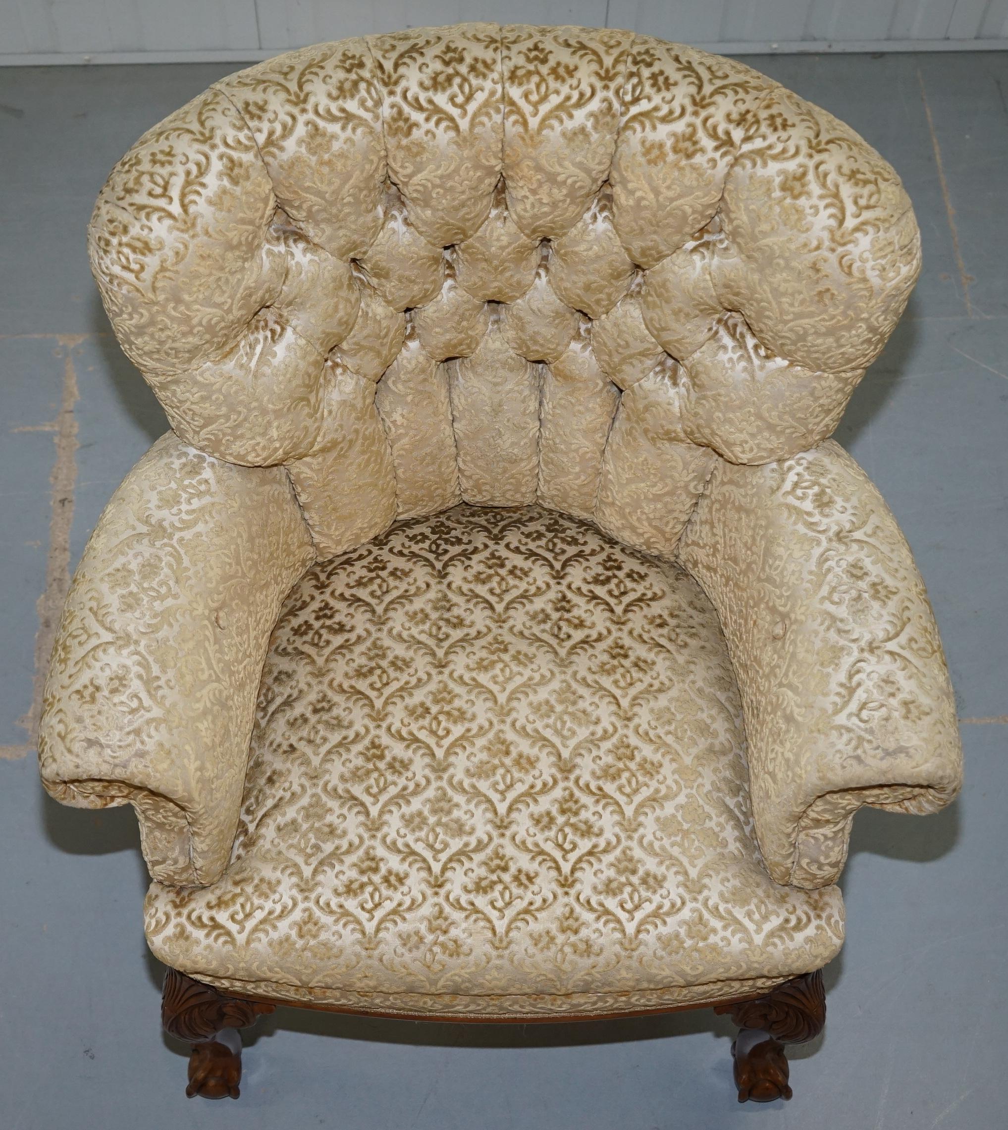 English Walnut George II Style Claw and Ball Acanthus Carved Legs Chesterfield Armchair