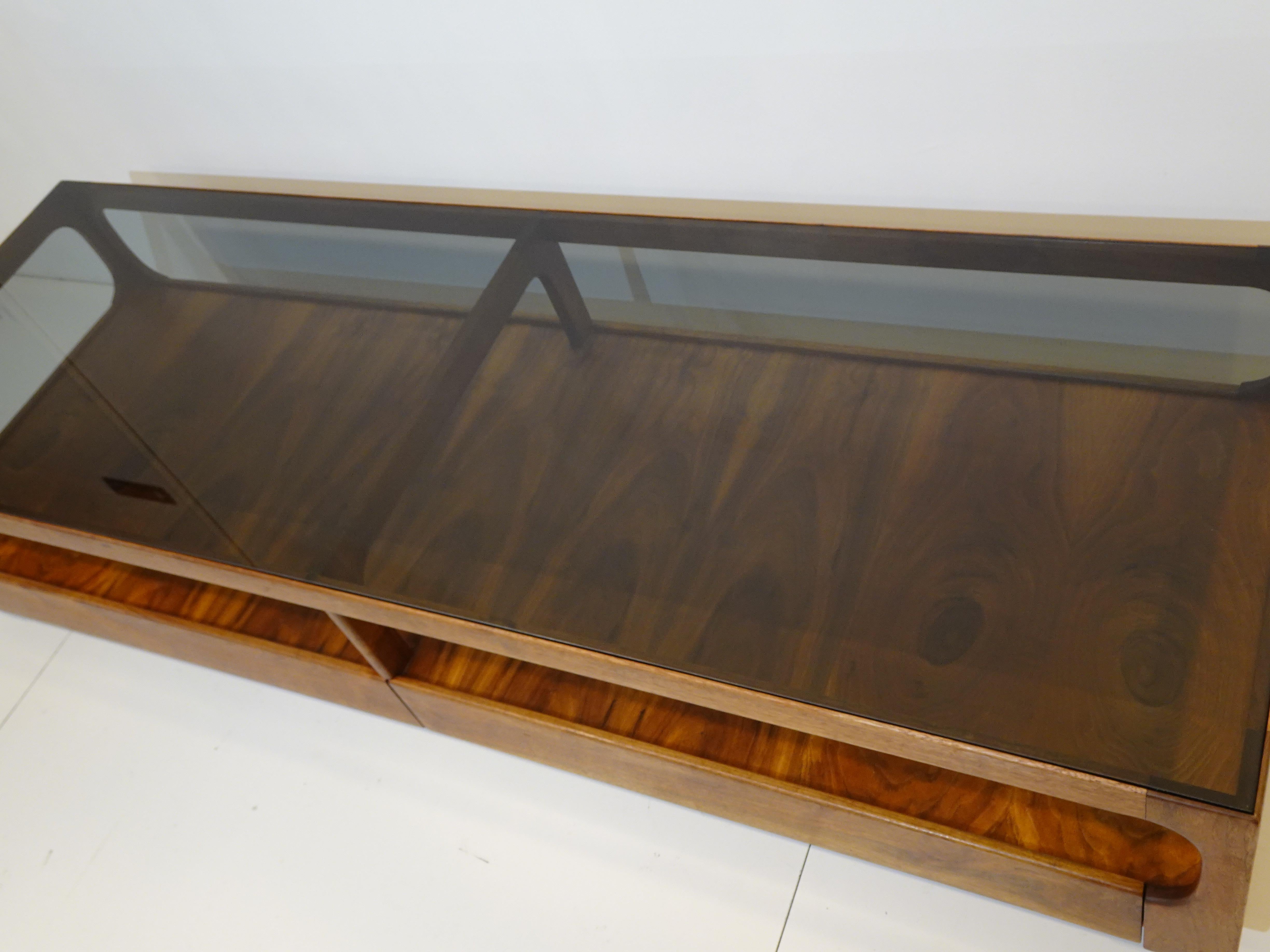 American Walnut Glass Danish Styled Coffee Table w/ Drawers by Otmar