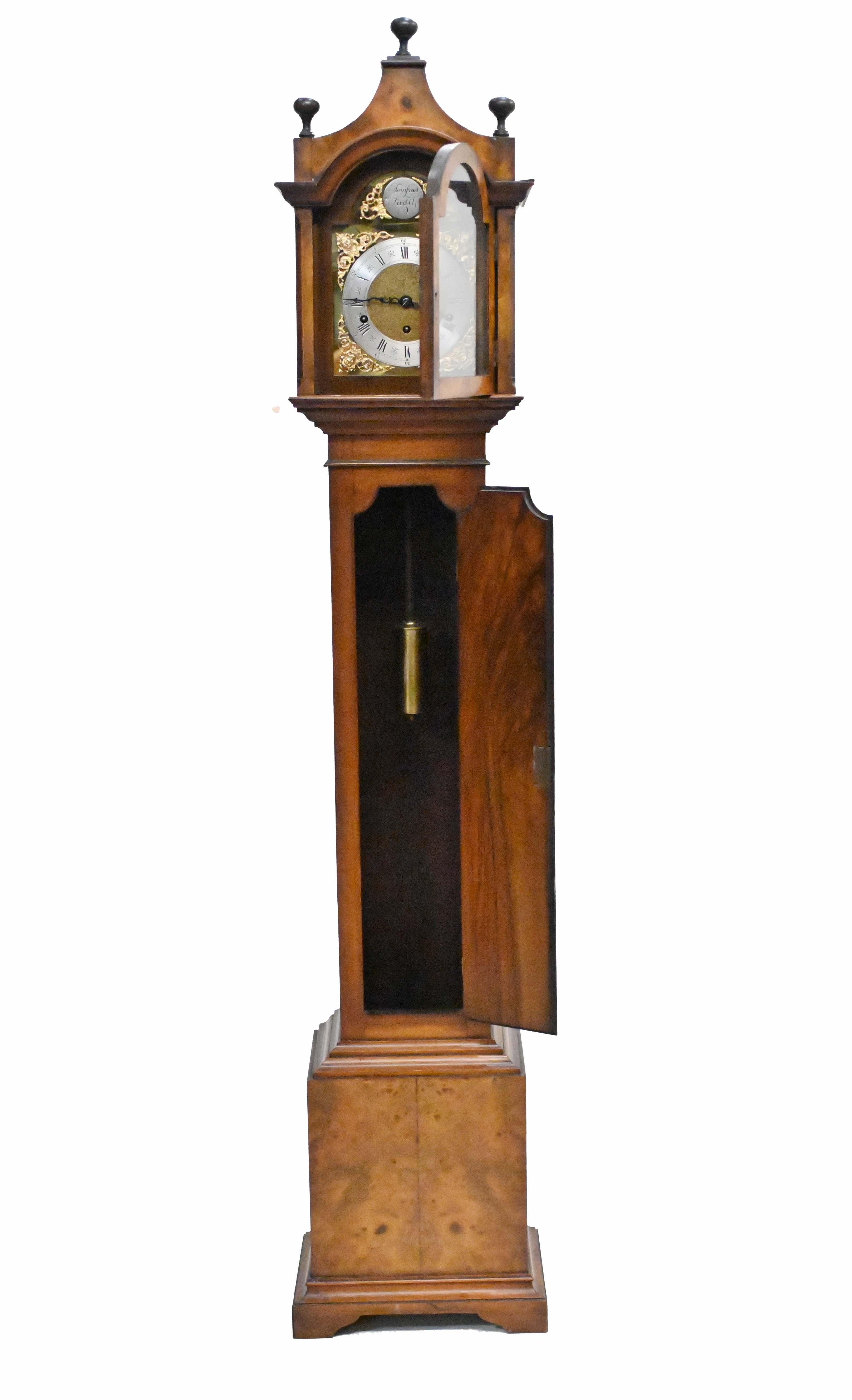 Mid-20th Century Walnut Grandmother Clock Chiming Walnut Tempus Fugit