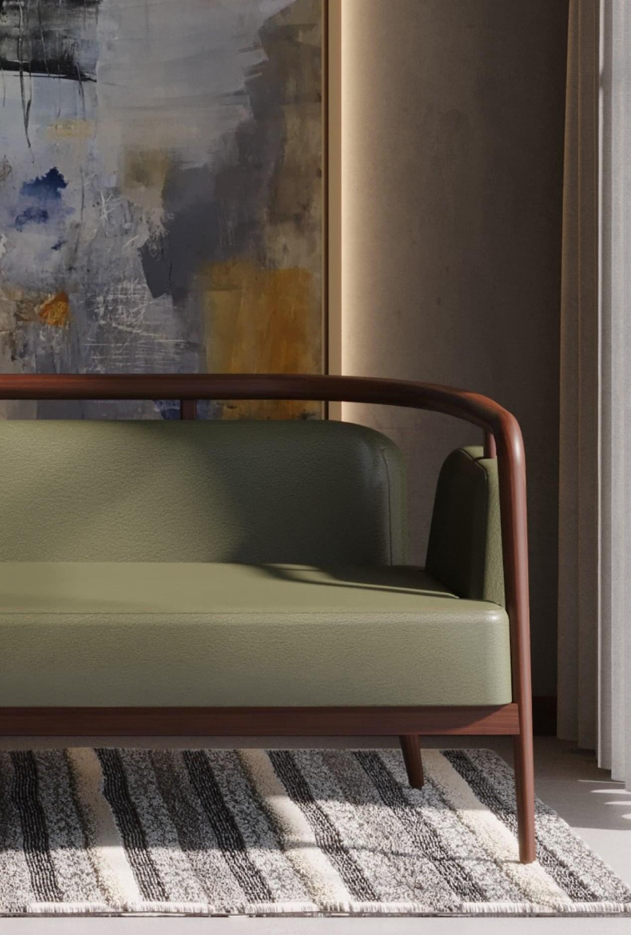 Modernes Essex-Sofa aus Nussbaumholz und grünem Leder im Zustand „Neu“ im Angebot in New York, NY