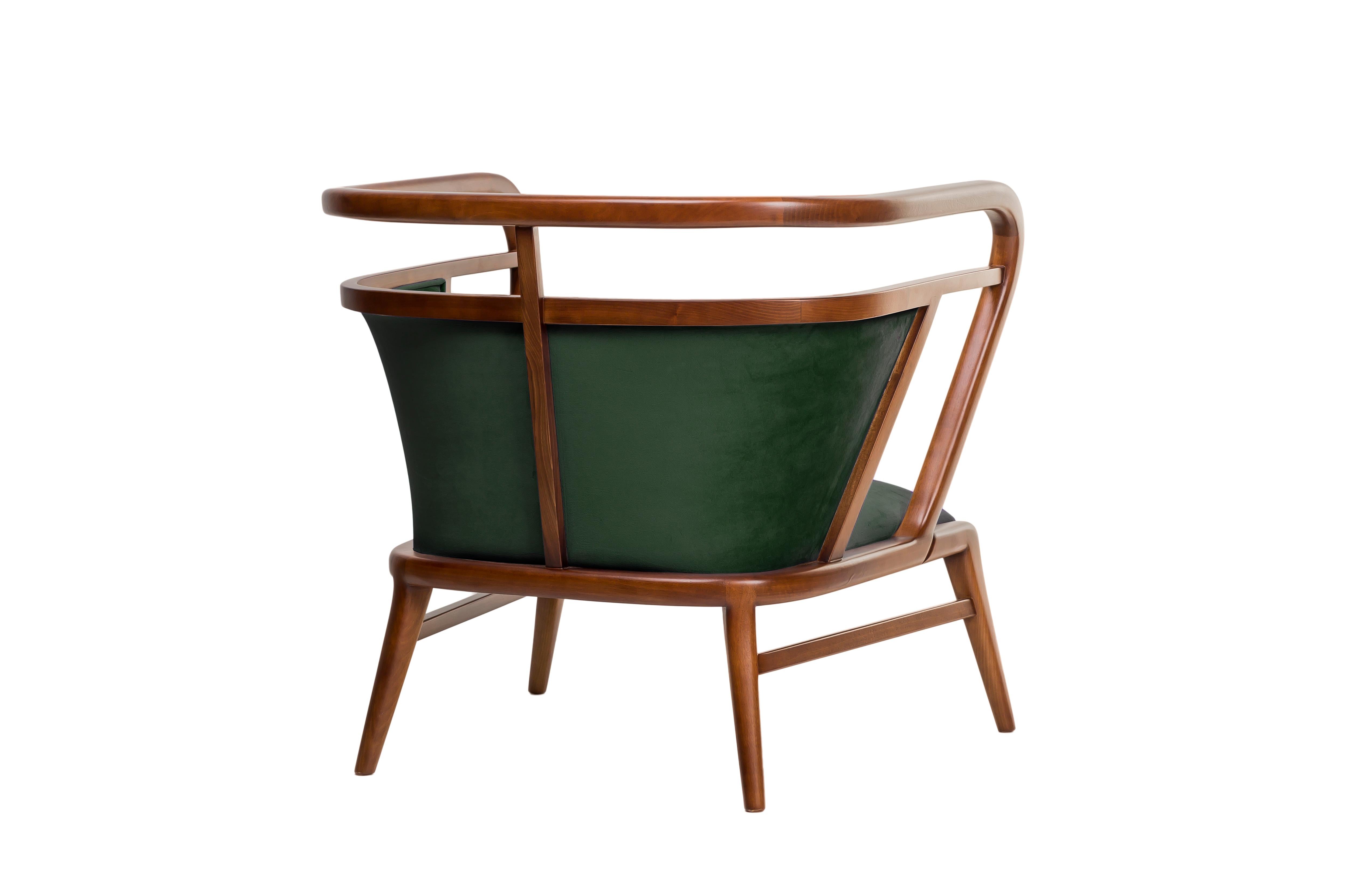 The Empire collection redefines modern luxury with this velvet-upholstered armchair, offering a perfect balance of comfort and contemporary style. The plush velvet upholstery enhances its sleek, minimalist design, while the bentwood frame provides