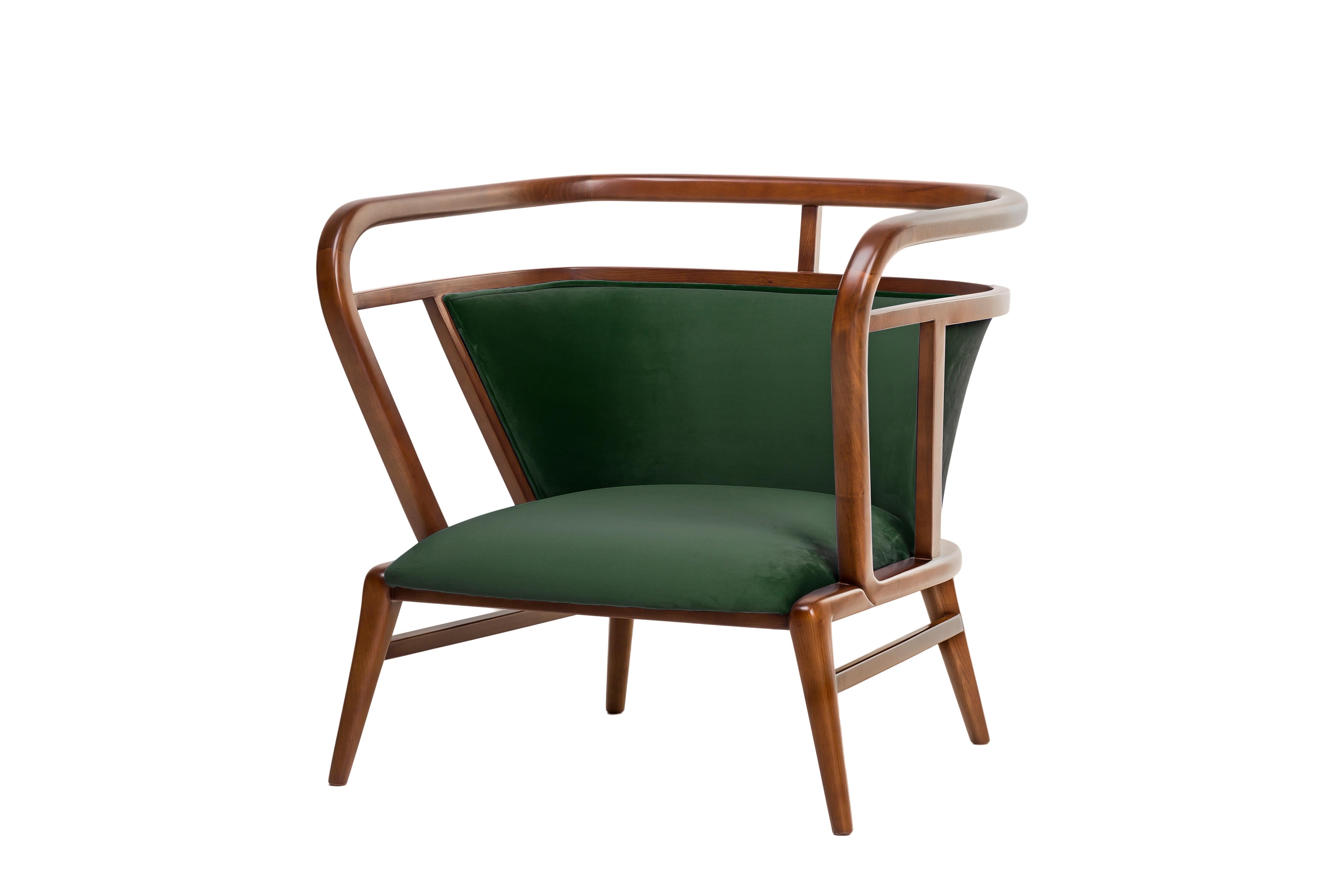 Scandinavian Modern Walnut, Green Velvet Modern Empire Armchair For Sale
