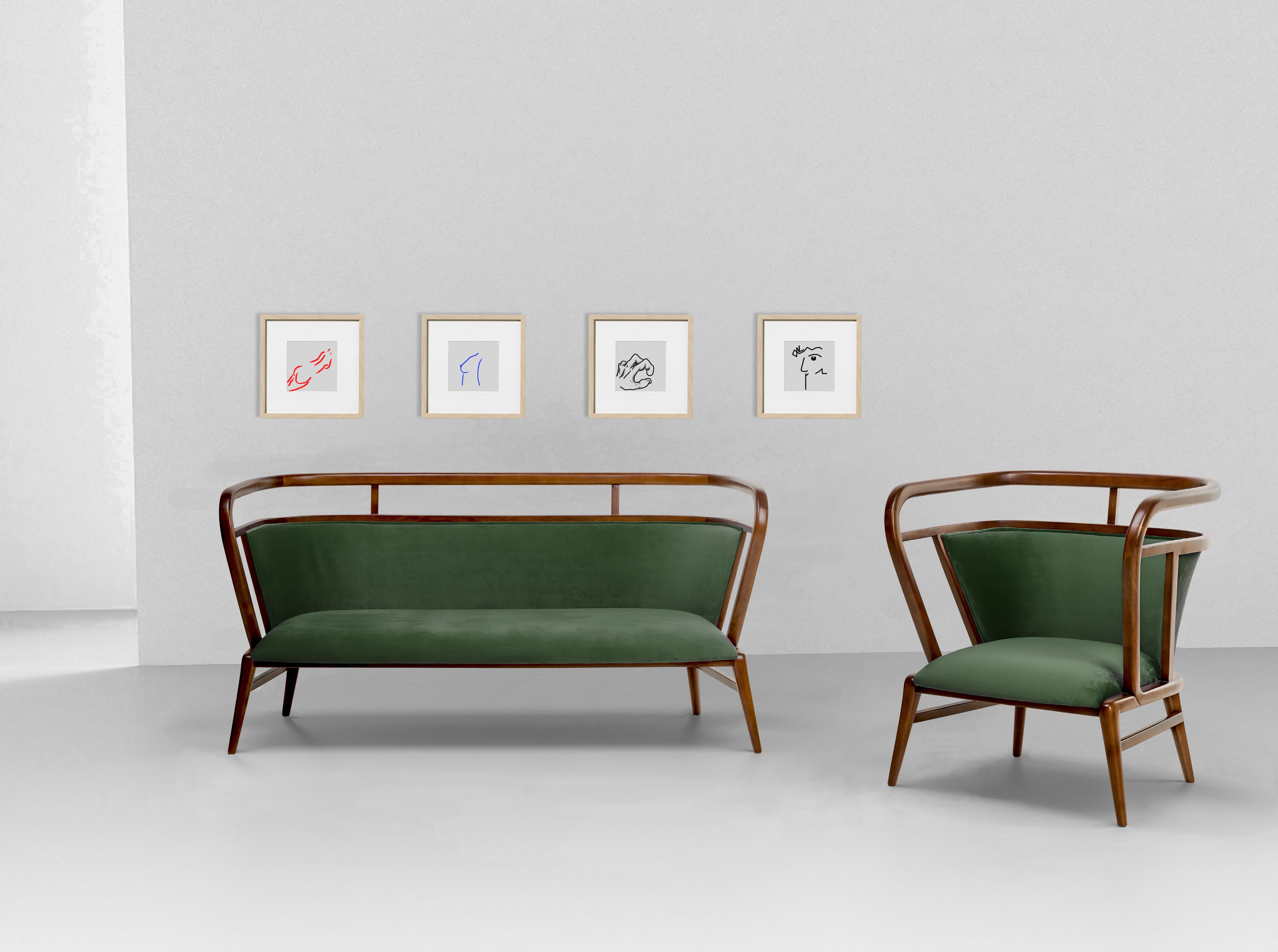 Portuguese Walnut, Green Velvet Modern Empire Armchair For Sale