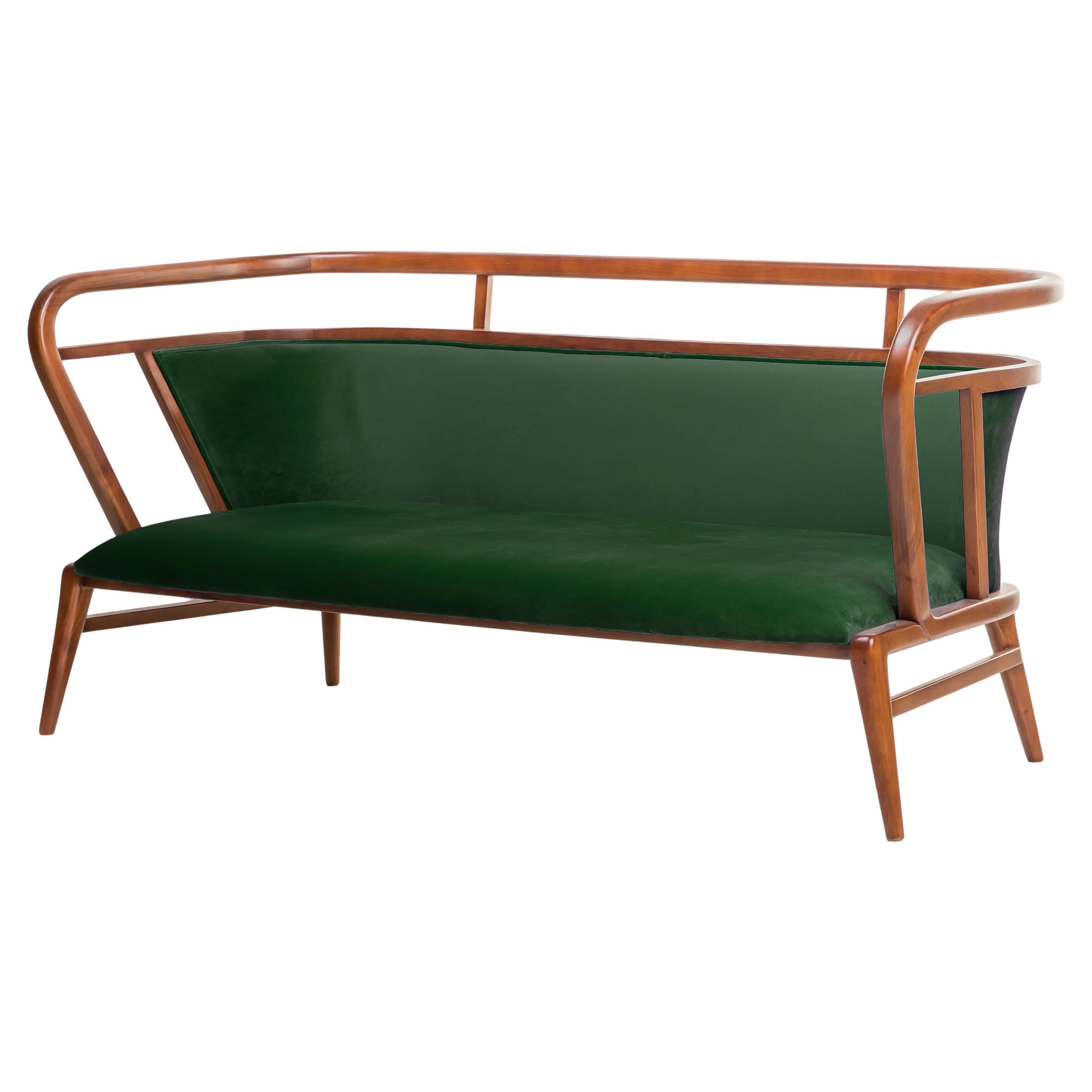 Walnut, Green Velvet Modern Empire Sofa For Sale