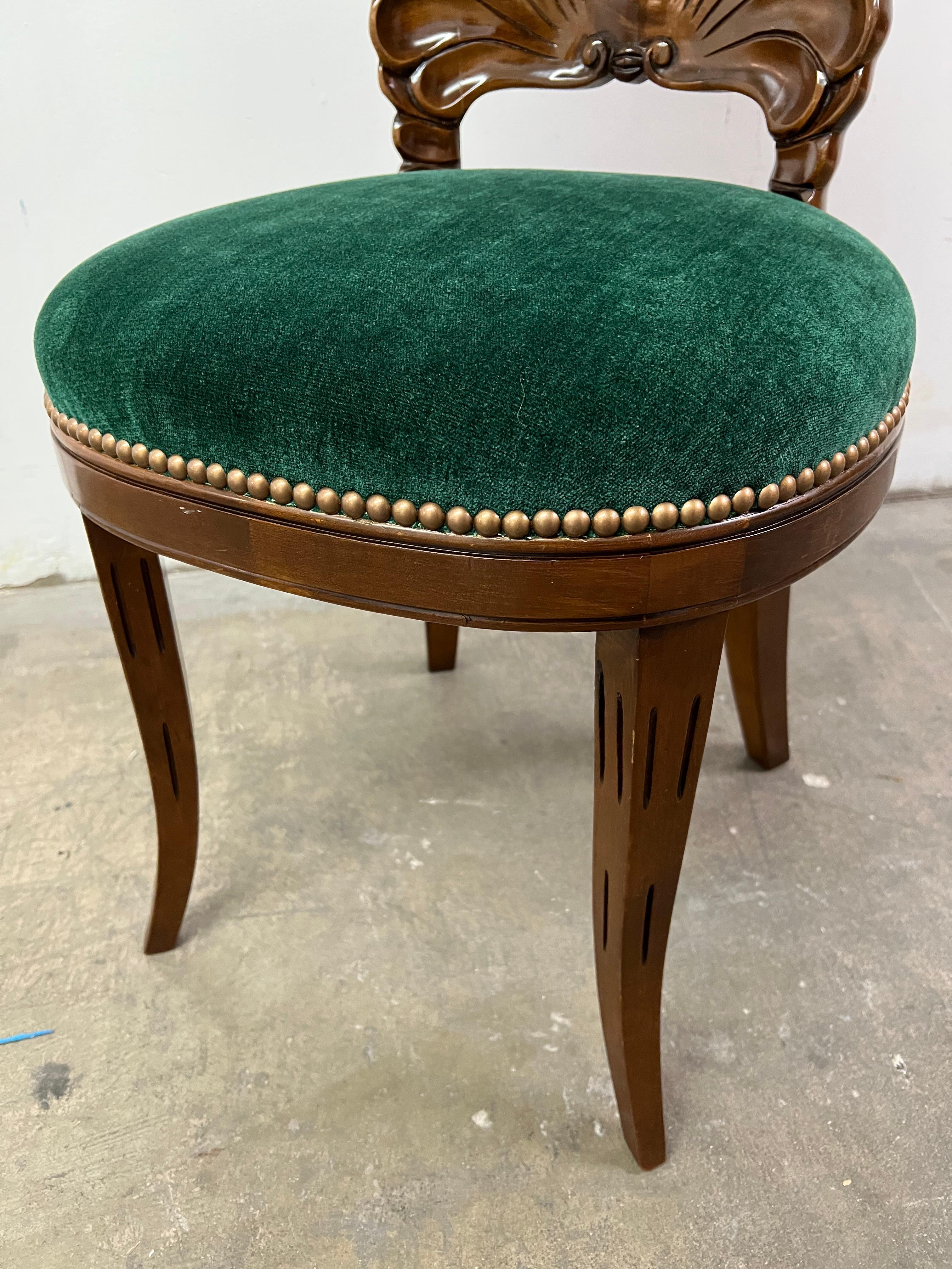 Patinated Walnut Grotto Shell Side Chair Upholstered in Green Mohair