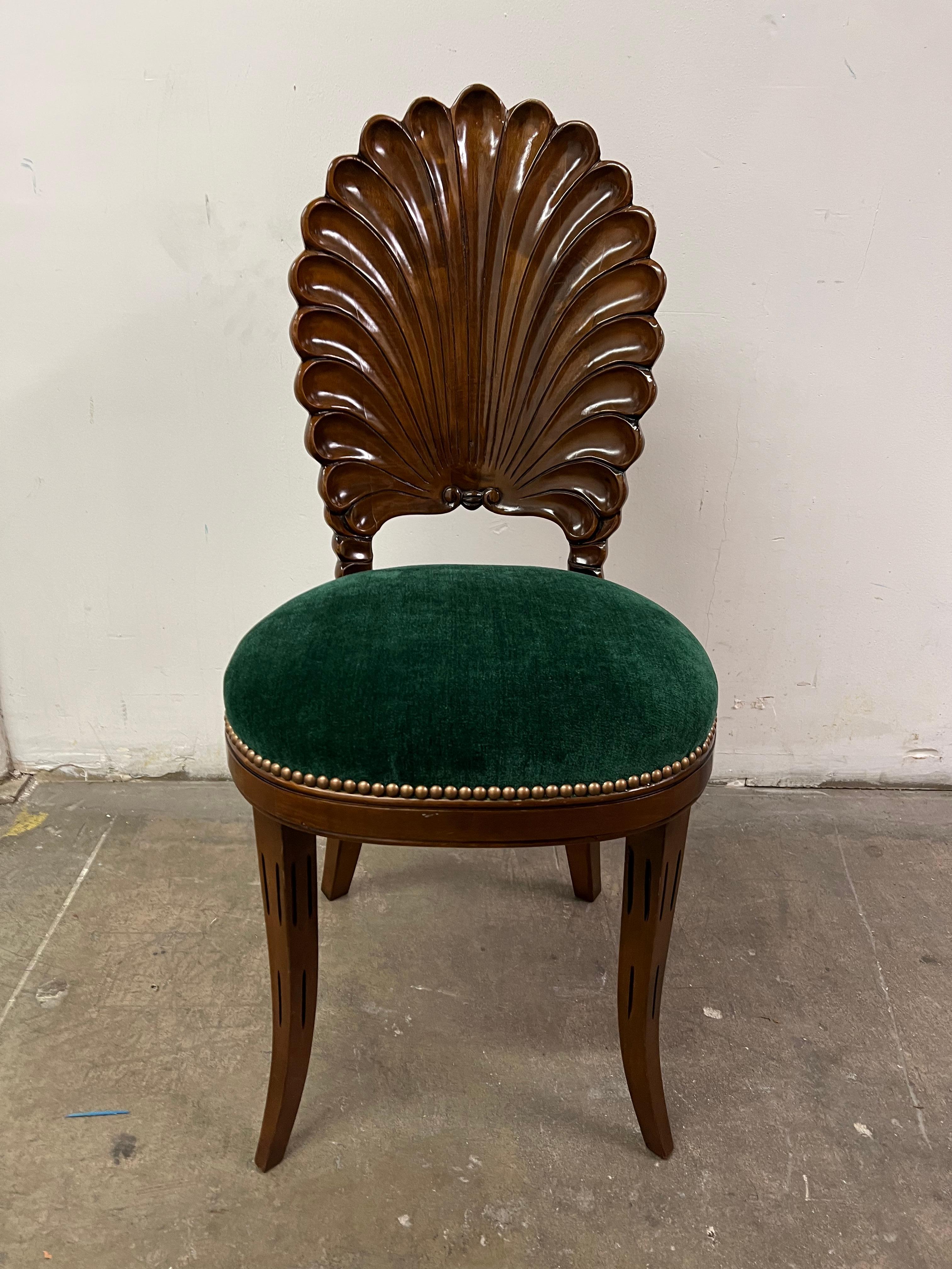 20th Century Walnut Grotto Shell Side Chair Upholstered in Green Mohair