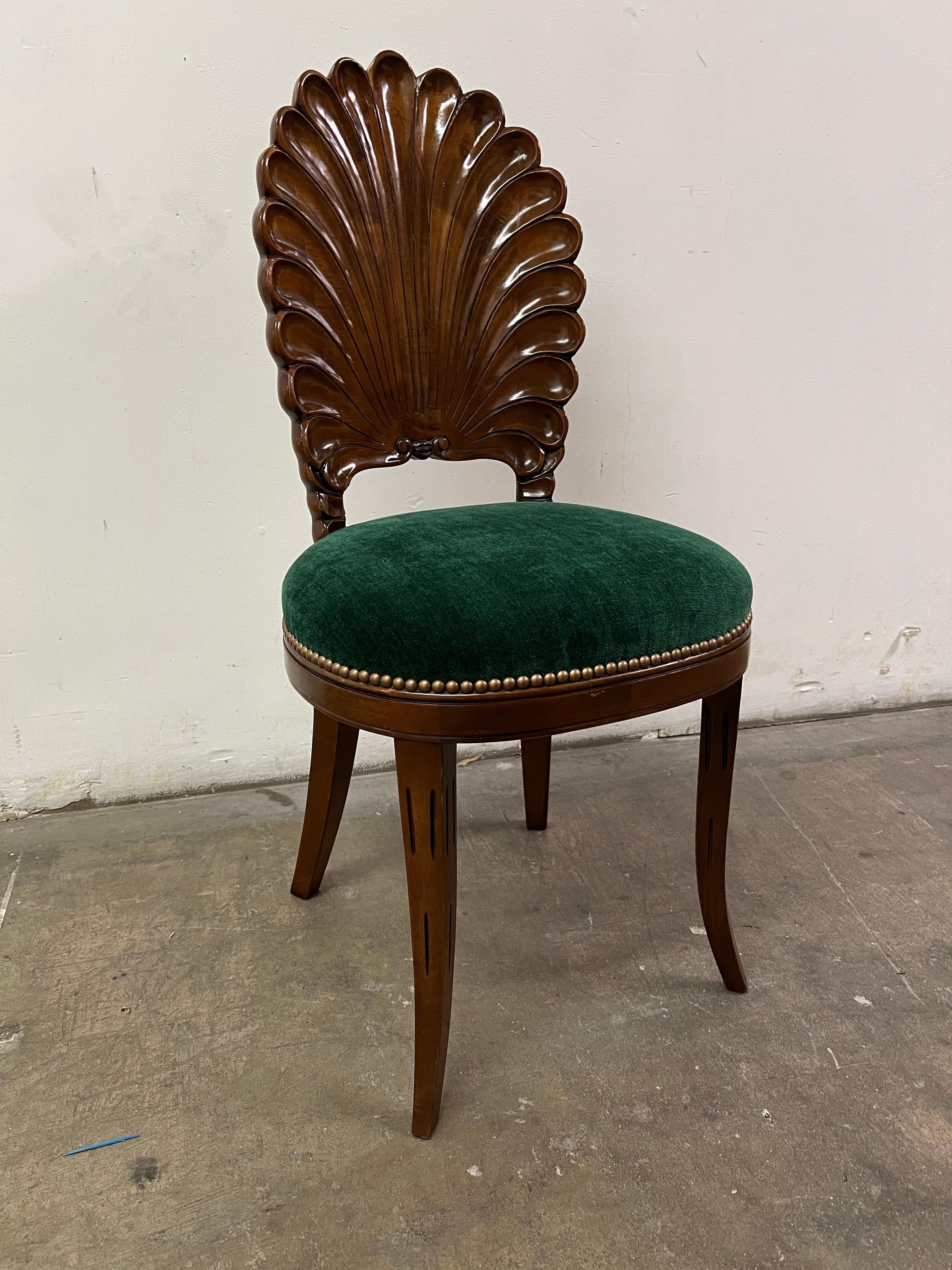 Brass Walnut Grotto Shell Side Chair Upholstered in Green Mohair