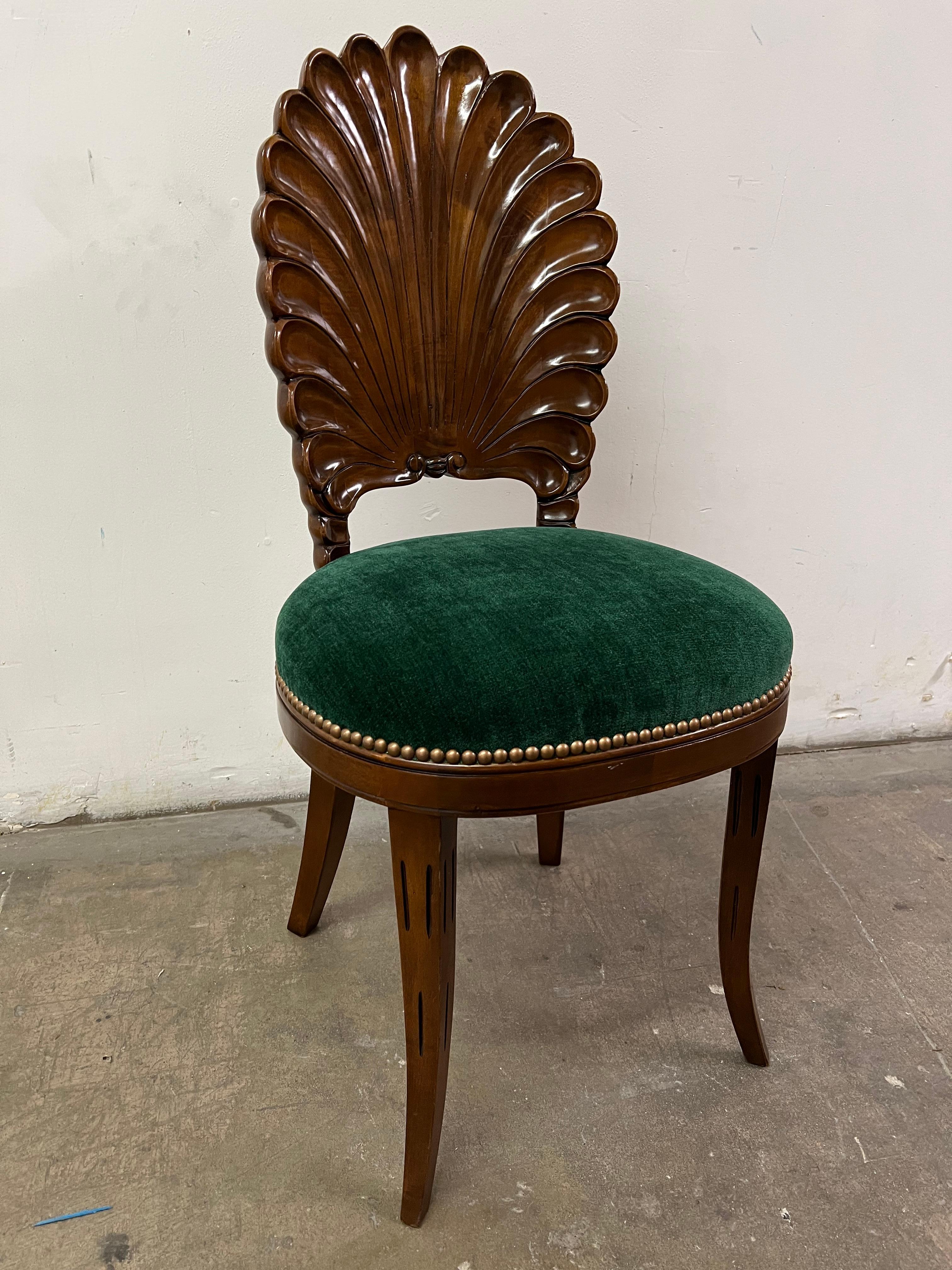 Walnut Grotto Shell Side Chair Upholstered in Green Mohair 1