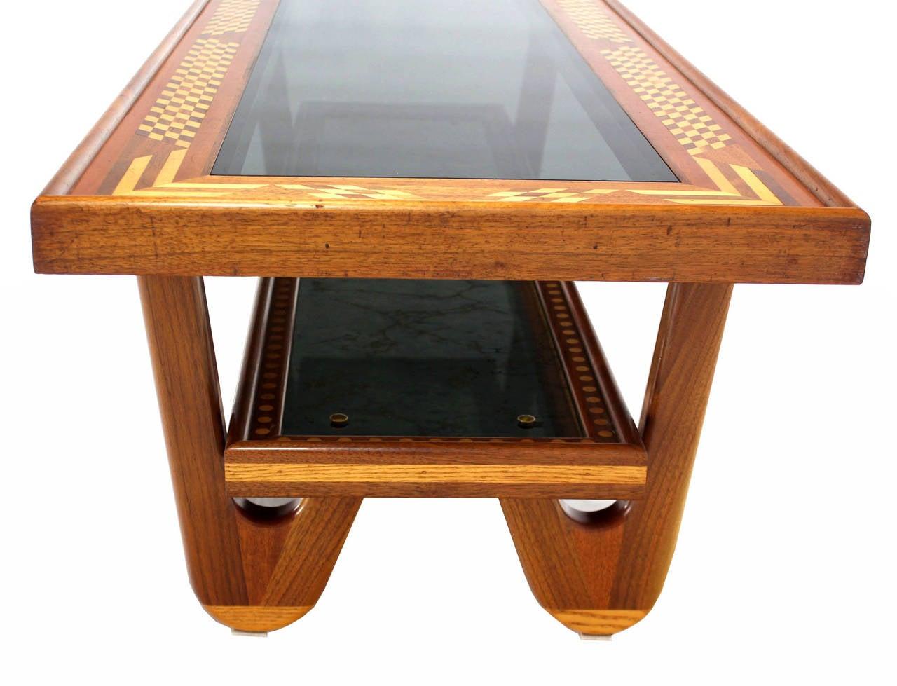 Walnut Hair Pin Leg Smoked Glass  Marquetry Top Long Rectangle Coffee Table MINT In Good Condition For Sale In Rockaway, NJ