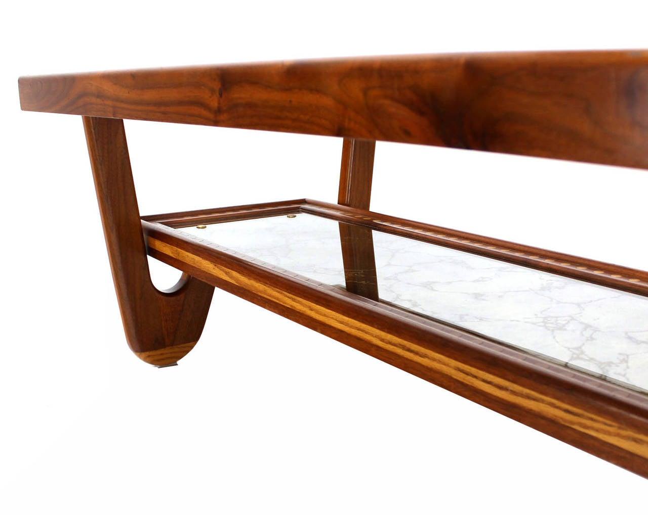 20th Century Walnut Hair Pin Leg Smoked Glass  Marquetry Top Long Rectangle Coffee Table MINT For Sale