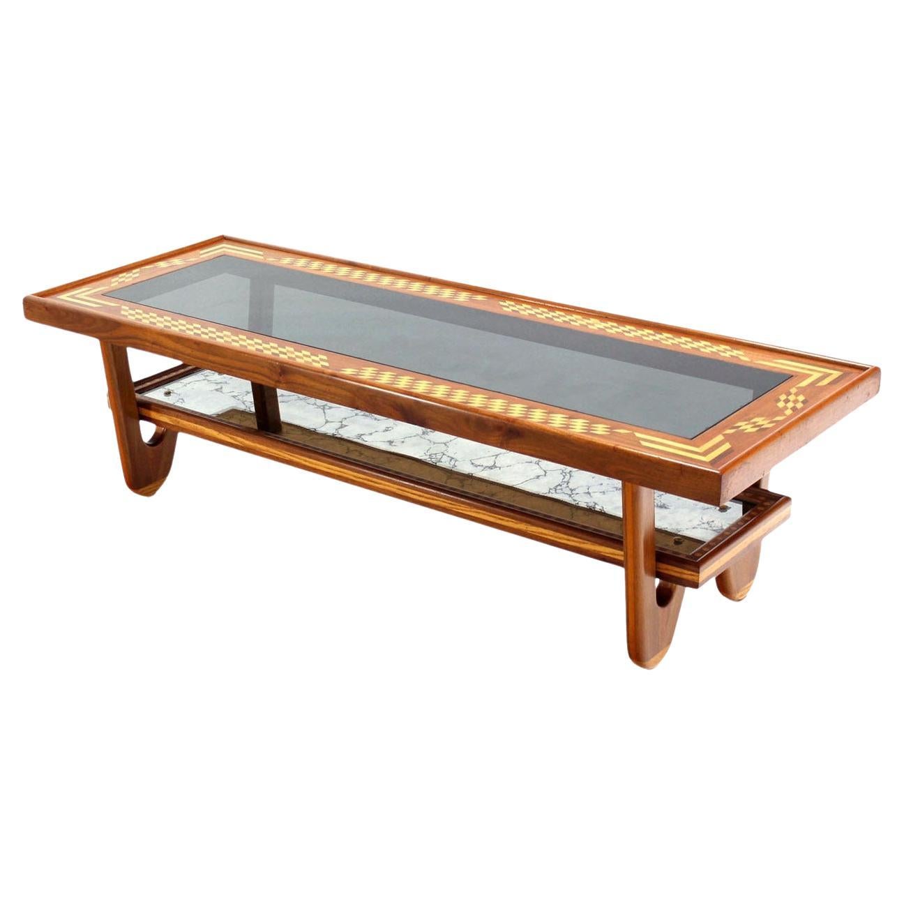 Walnut Hair Pin Leg Smoked Glass  Marquetry Top Long Rectangle Coffee Table MINT For Sale