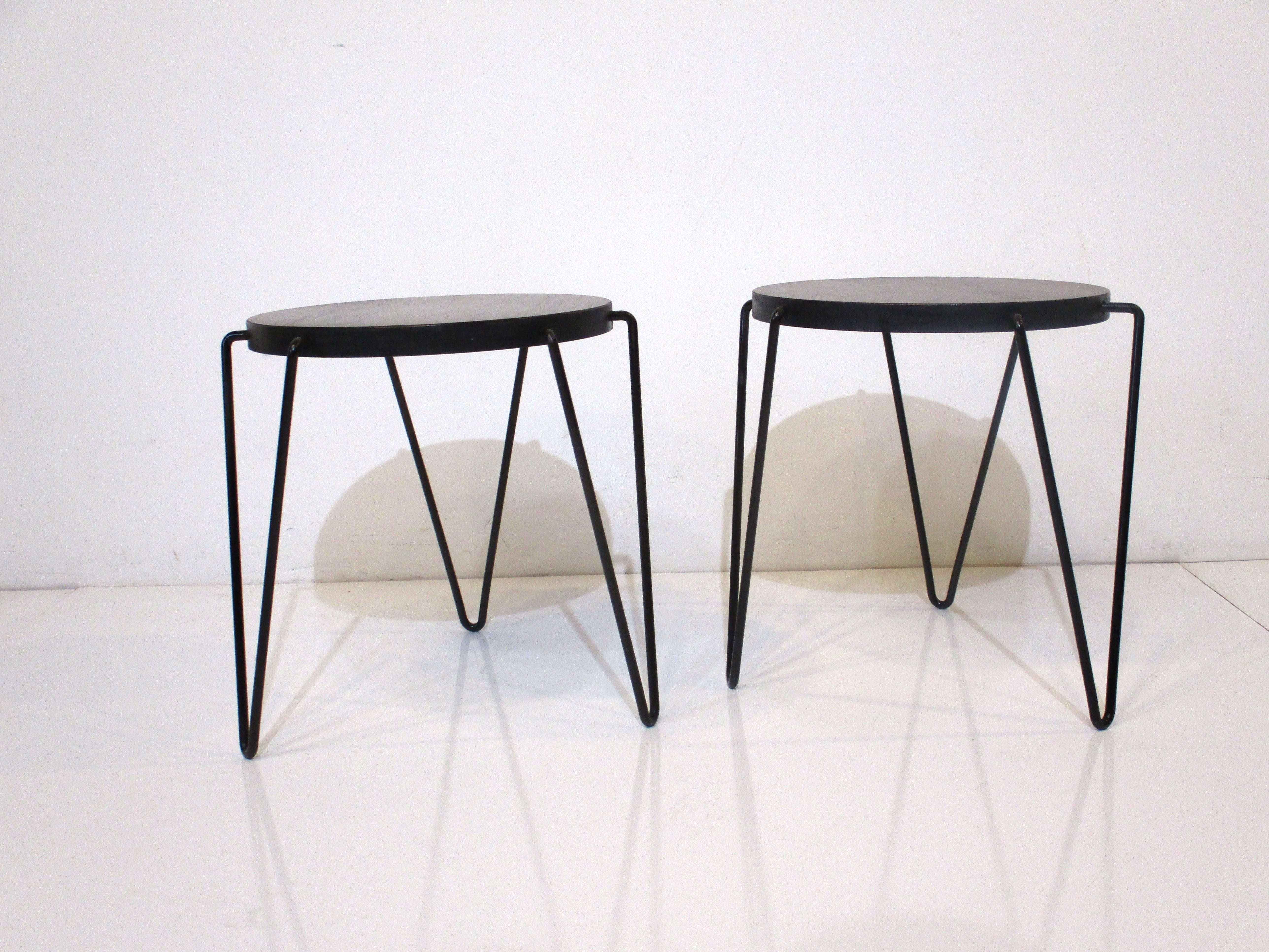 Mid-Century Modern Walnut Hairpin Leg Side Tables in the Style of Knoll