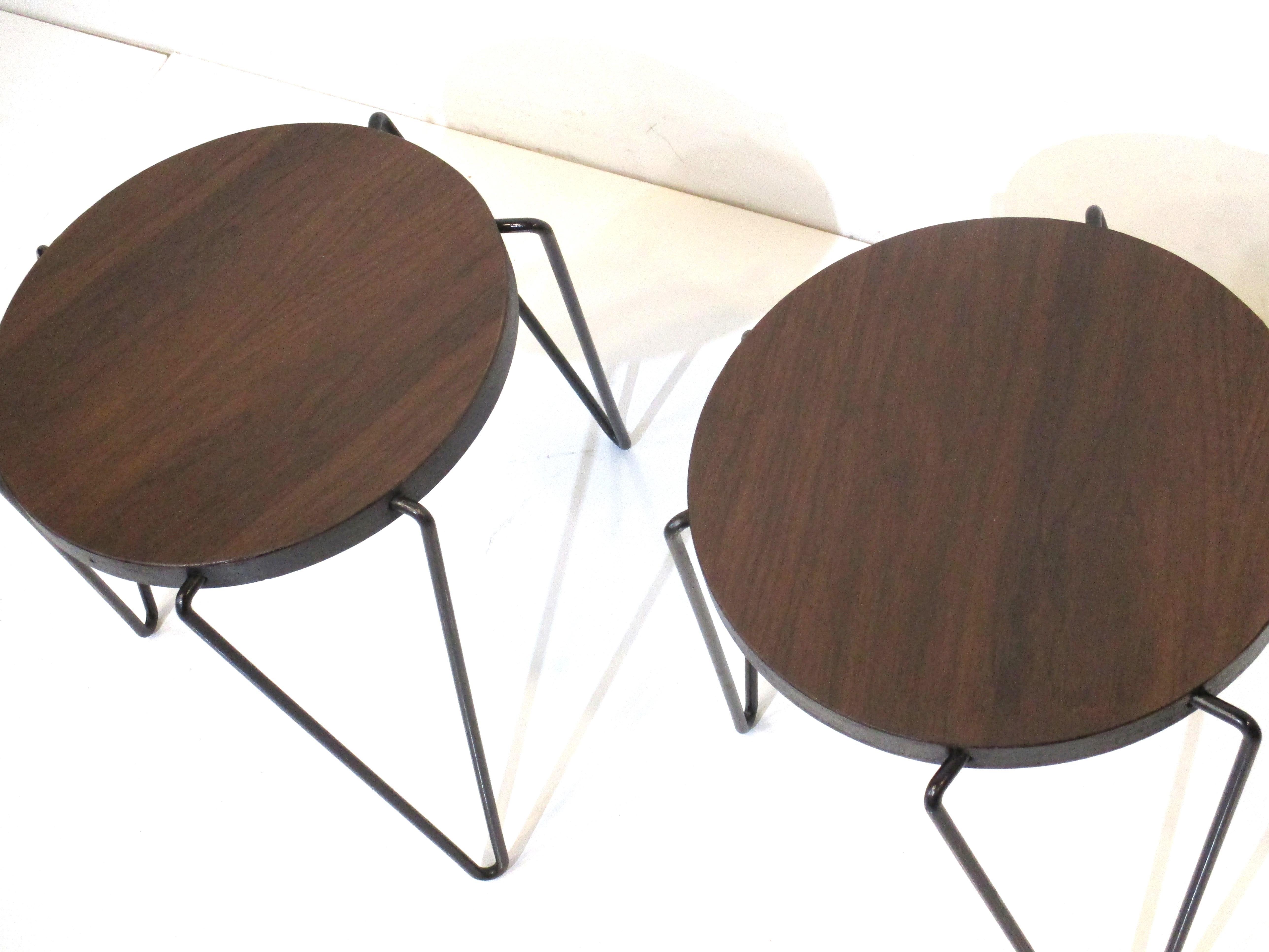 American Walnut Hairpin Leg Side Tables in the Style of Knoll